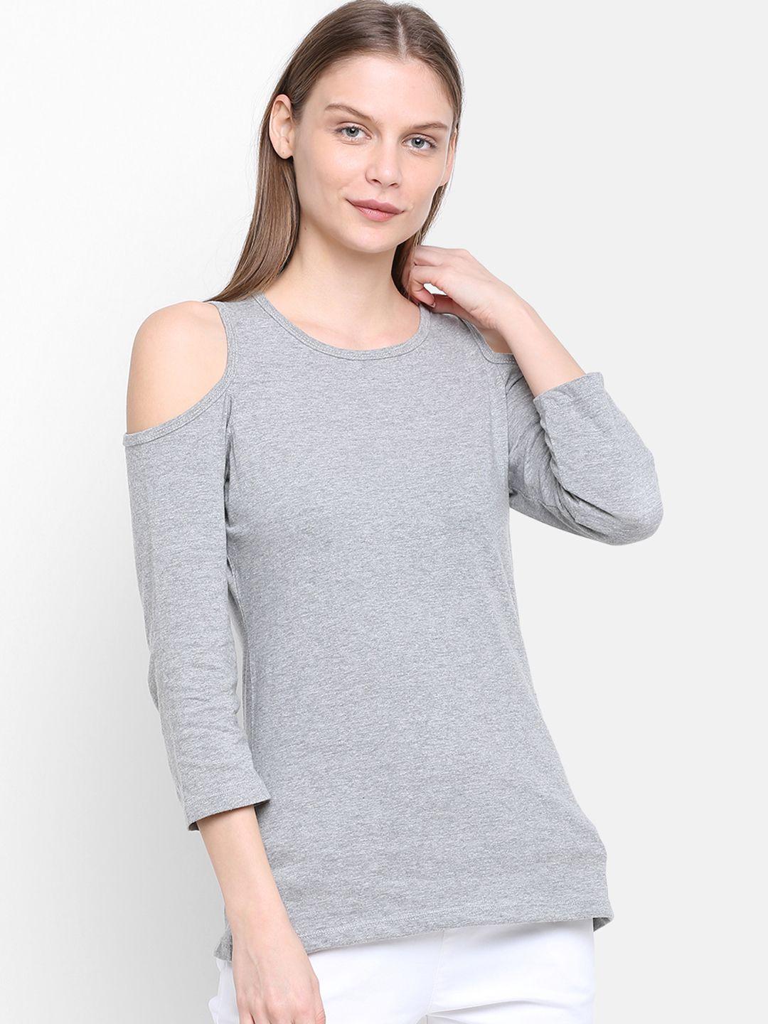 rute women grey solid knitted pure cotton top