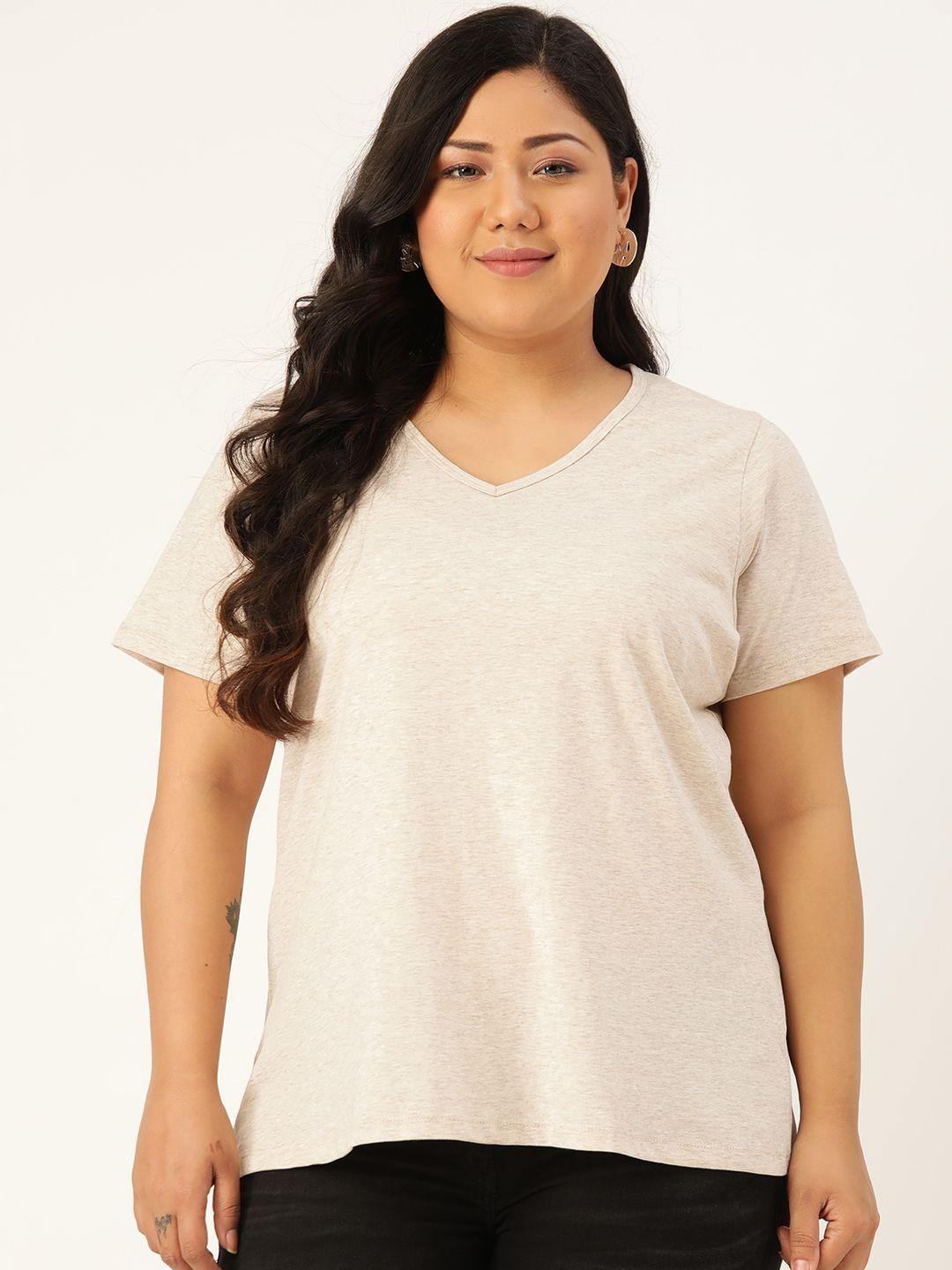 rute women plus size beige solid pure cotton v-neck pure cotton t-shirt