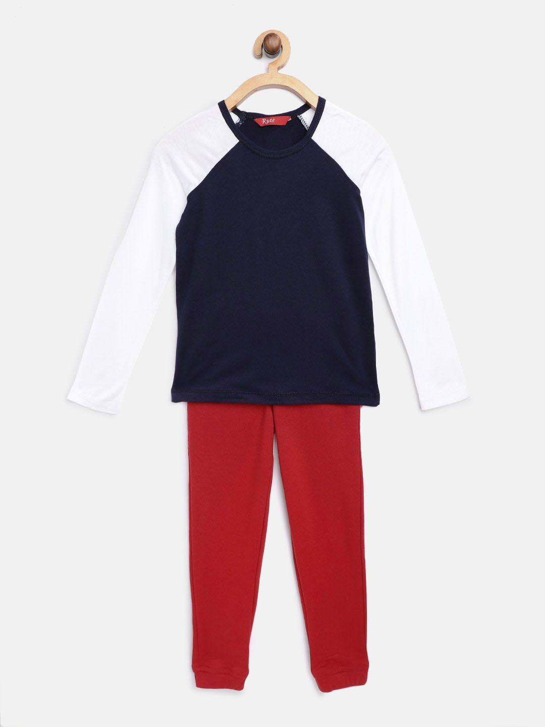 rute boys navy blue & red solid pure cotton t-shirt with joggers