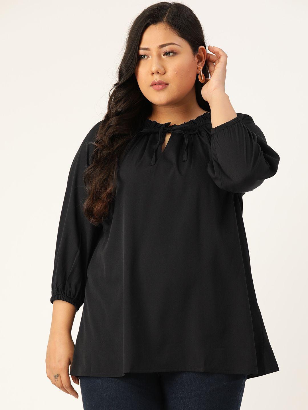 rute plus size black tie-up neck puff sleeves crepe top