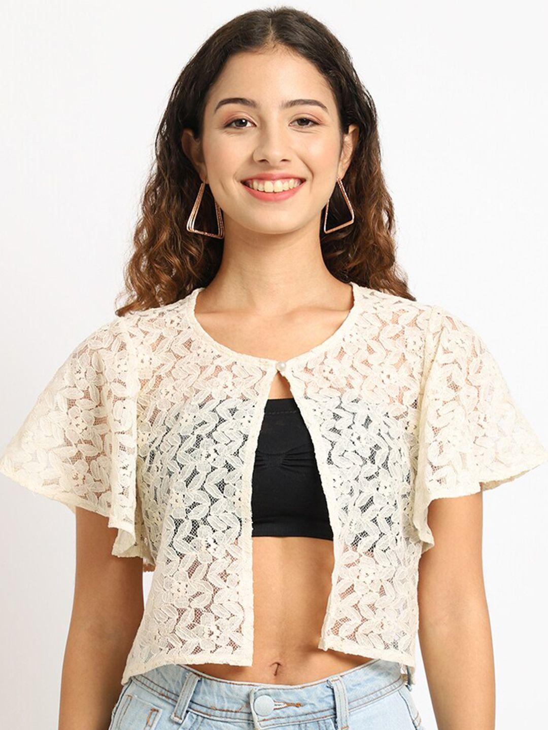 rute women beige self design cotton crop shrug