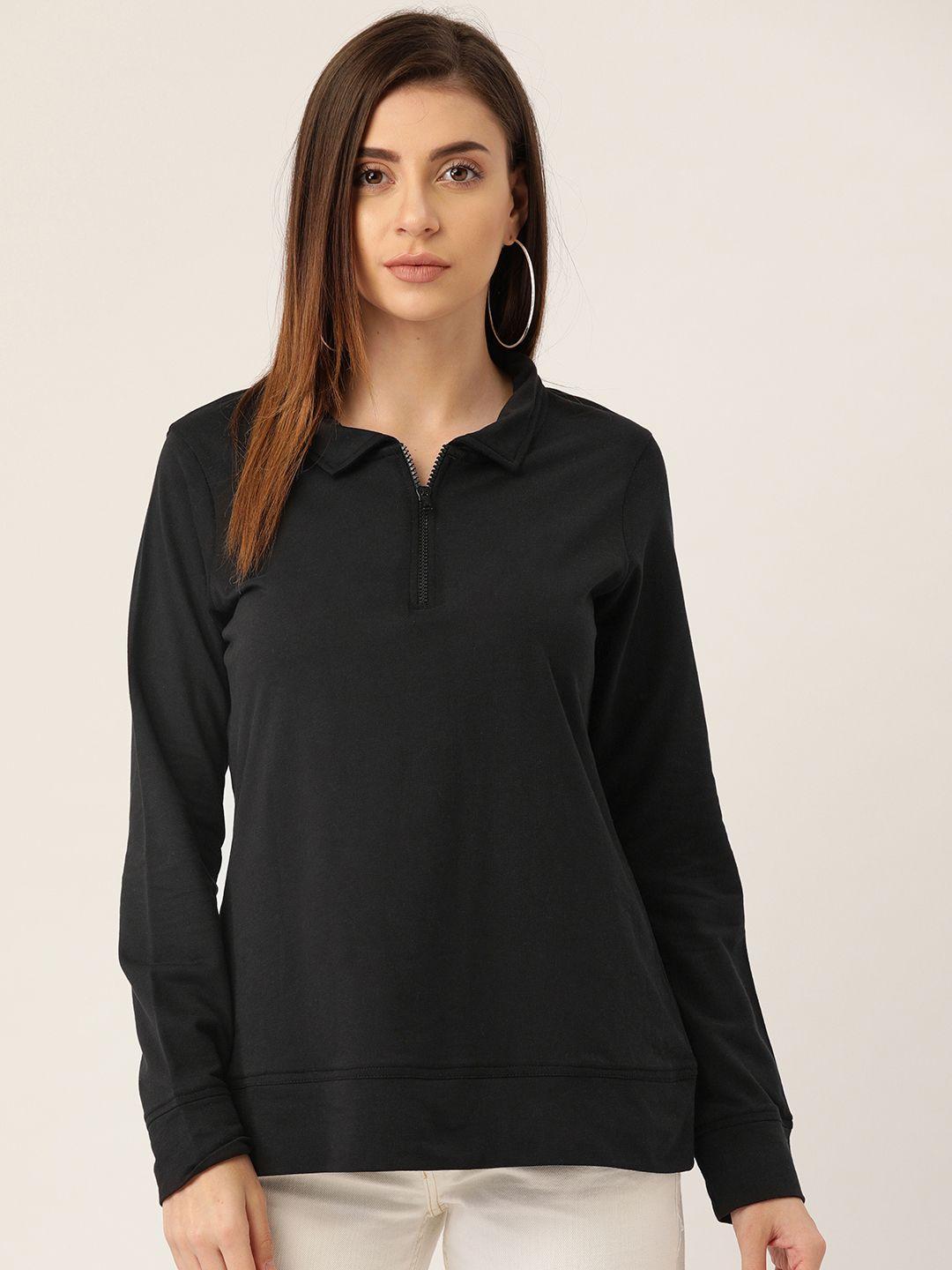 rute women black solid polo collar t-shirt