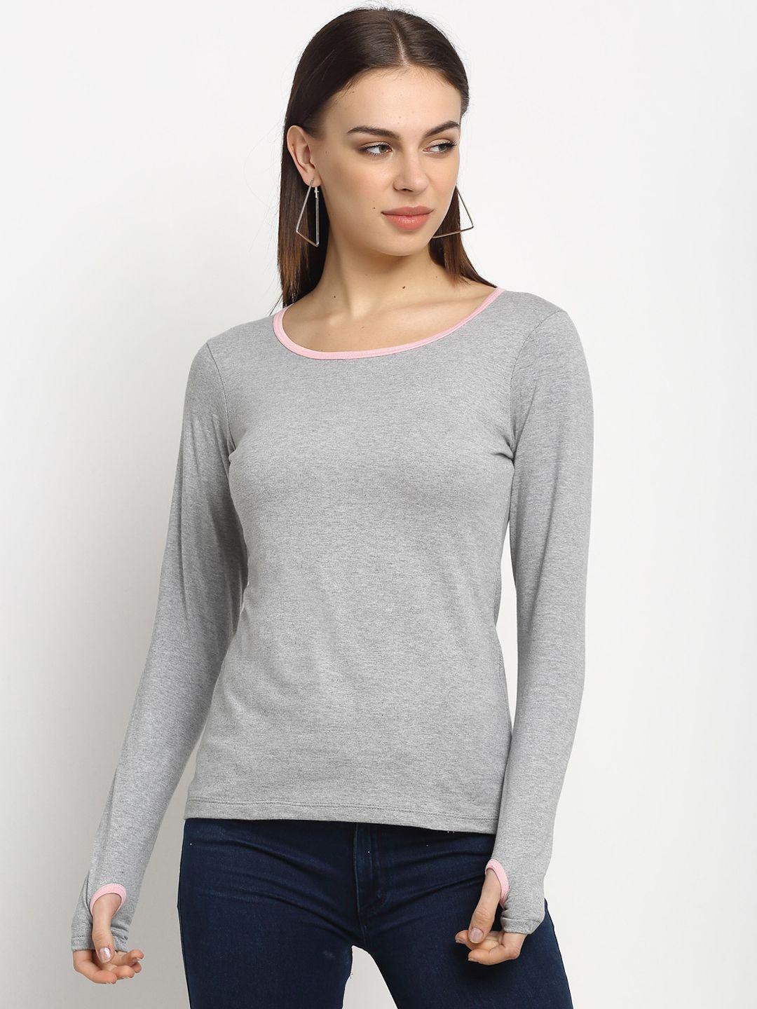 rute women grey solid round neck t-shirt