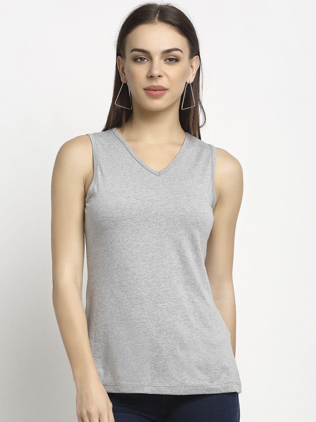 rute women grey solid v-neck cotton slim fit pure cotton t-shirt