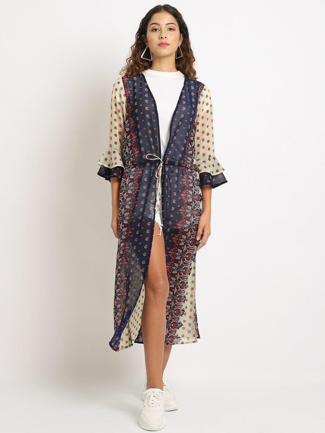 rute women navy blue & cream-coloured printed cotton longline shrug