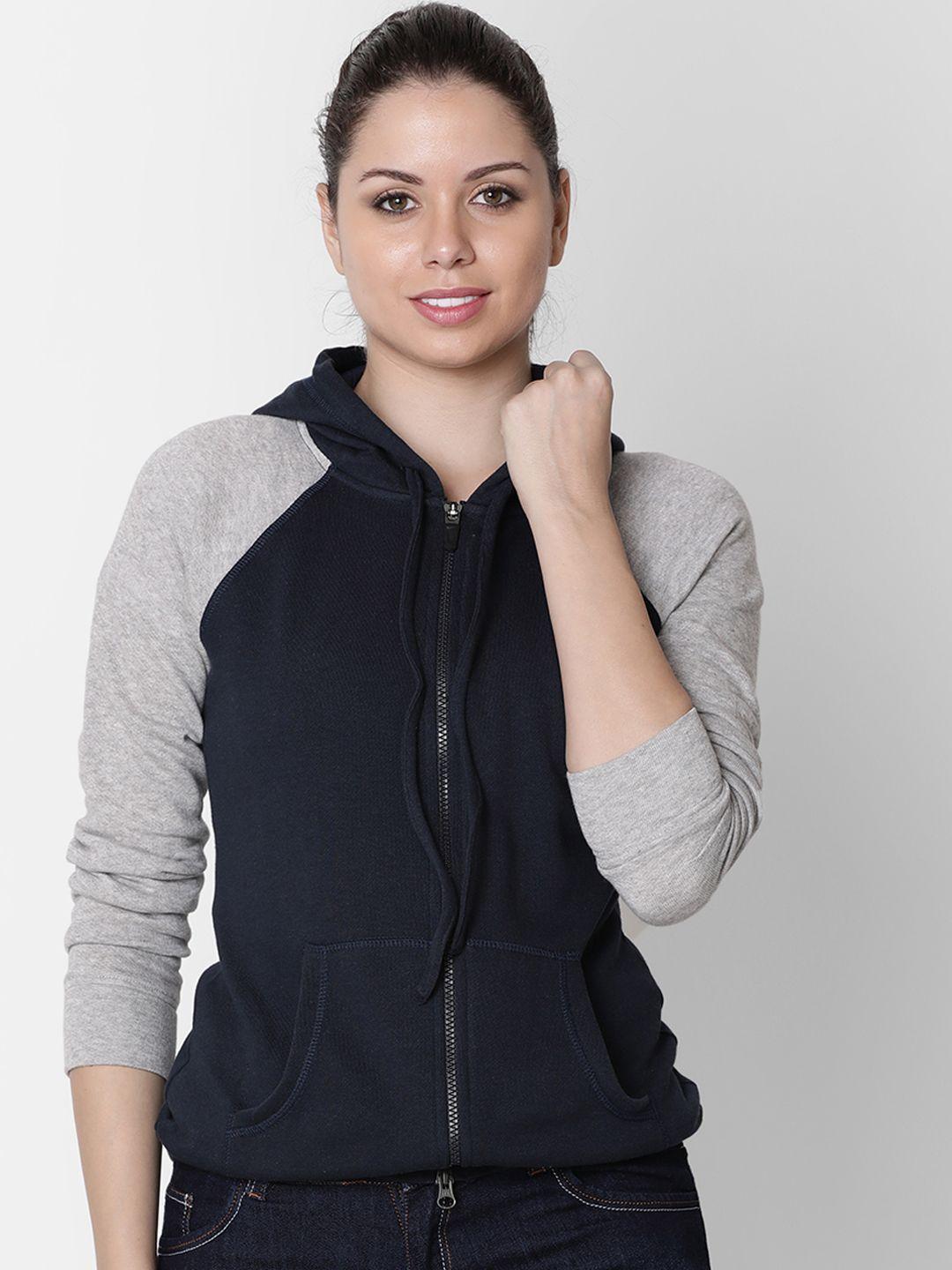 rute women navy blue & grey solid hooded sweatshirt