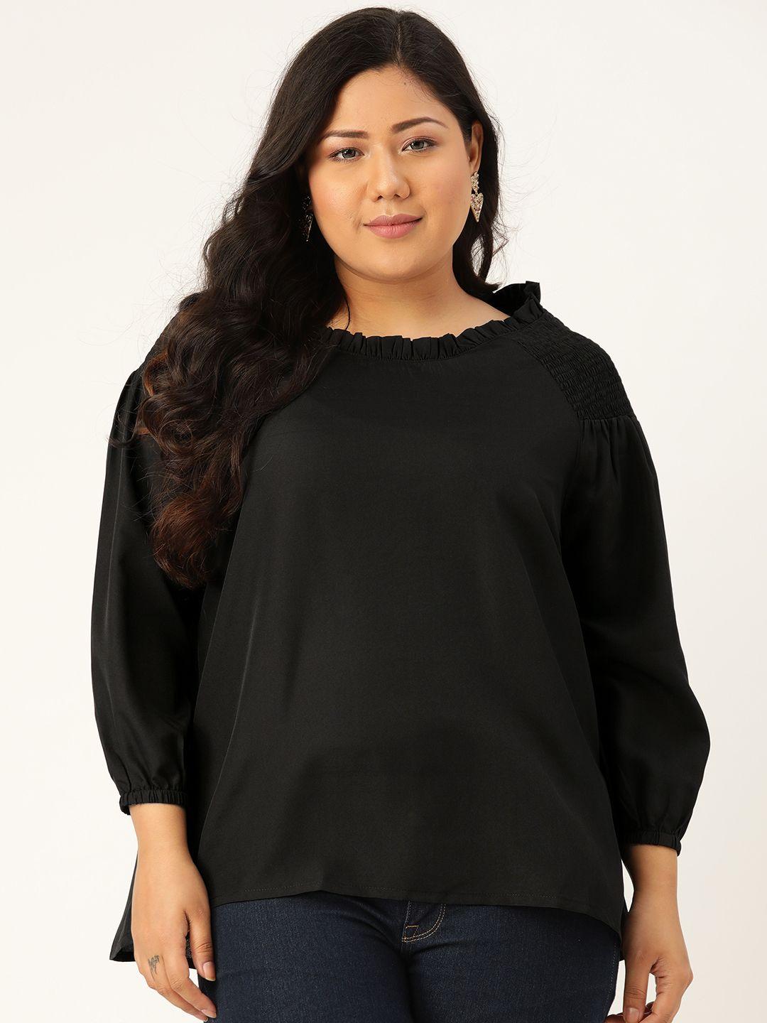 rute women plus size black solid smocked top