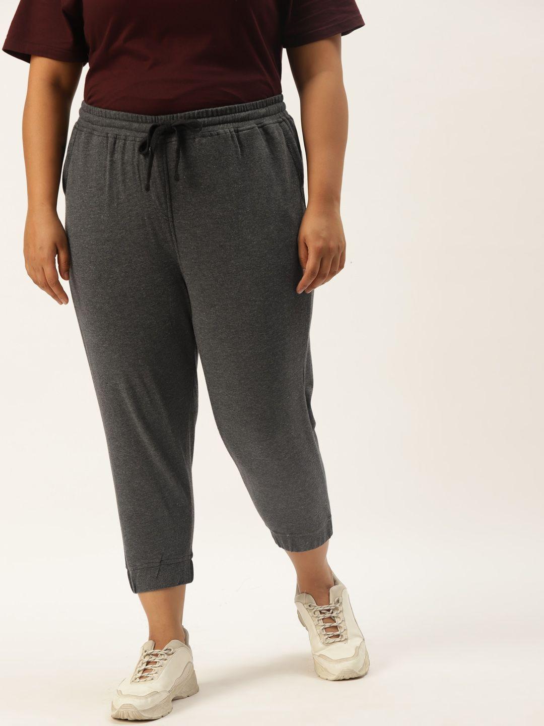 rute women plus size charcoal grey solid cotton slim fit cropped joggers