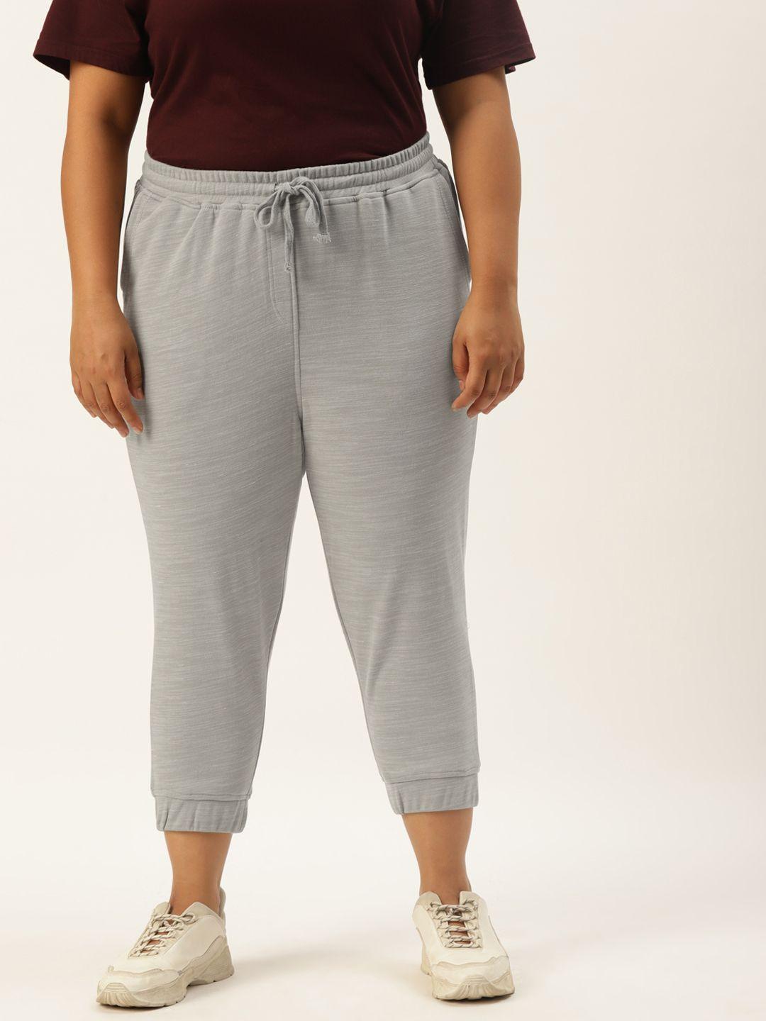 rute women plus size grey melange solid cotton slim fit cropped joggers