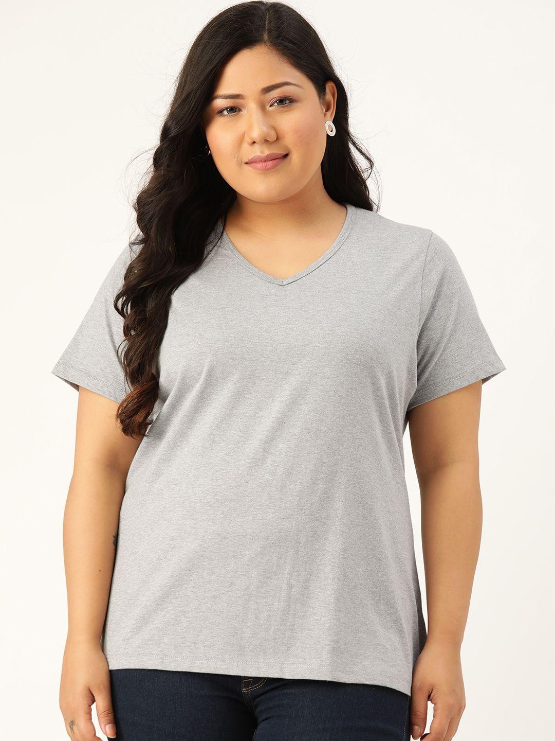 rute women plus size grey melange solid pure cotton v-neck pure cotton t-shirt