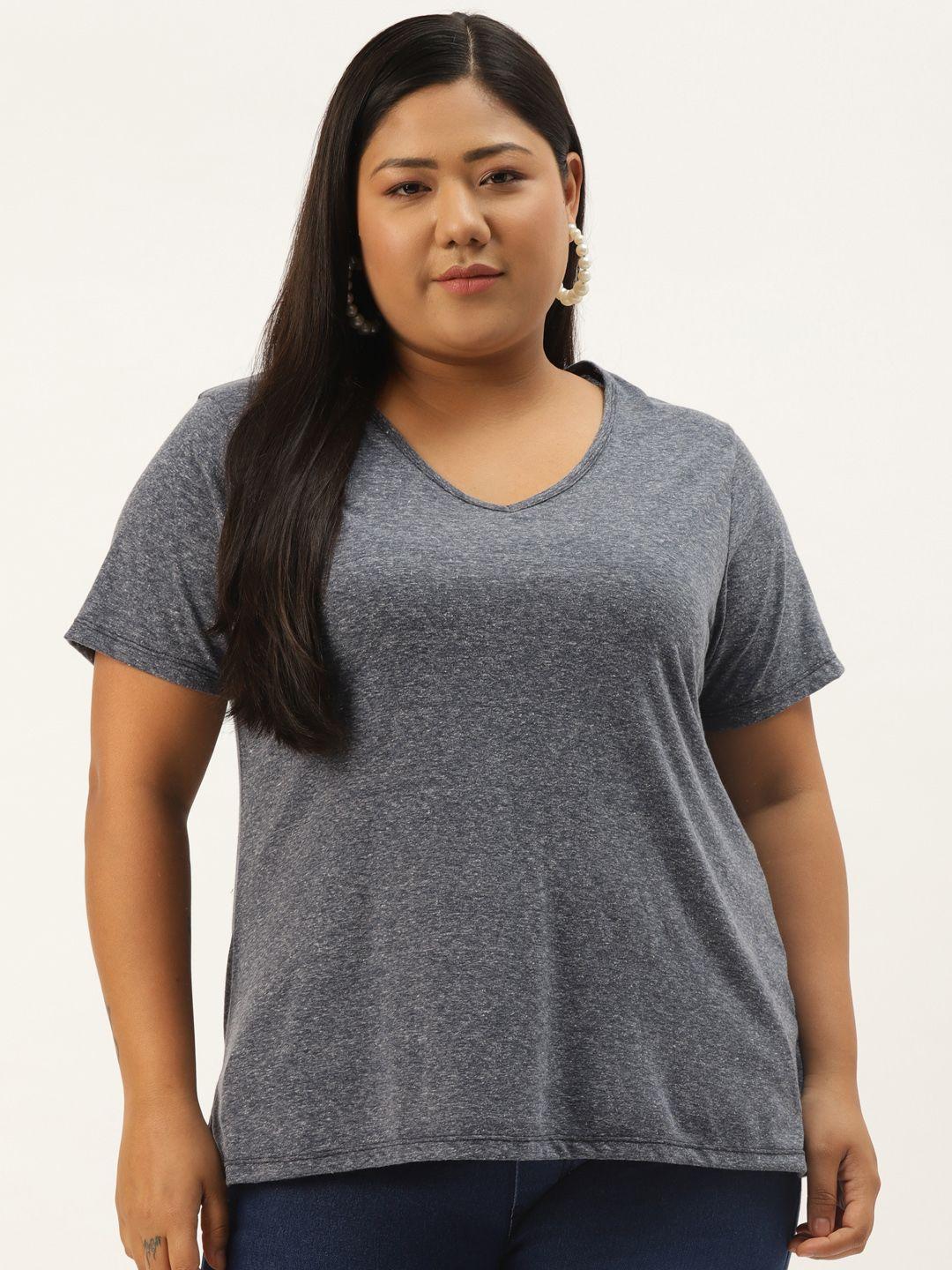 rute women plus size navy blue solid cotton v-neck t-shirt