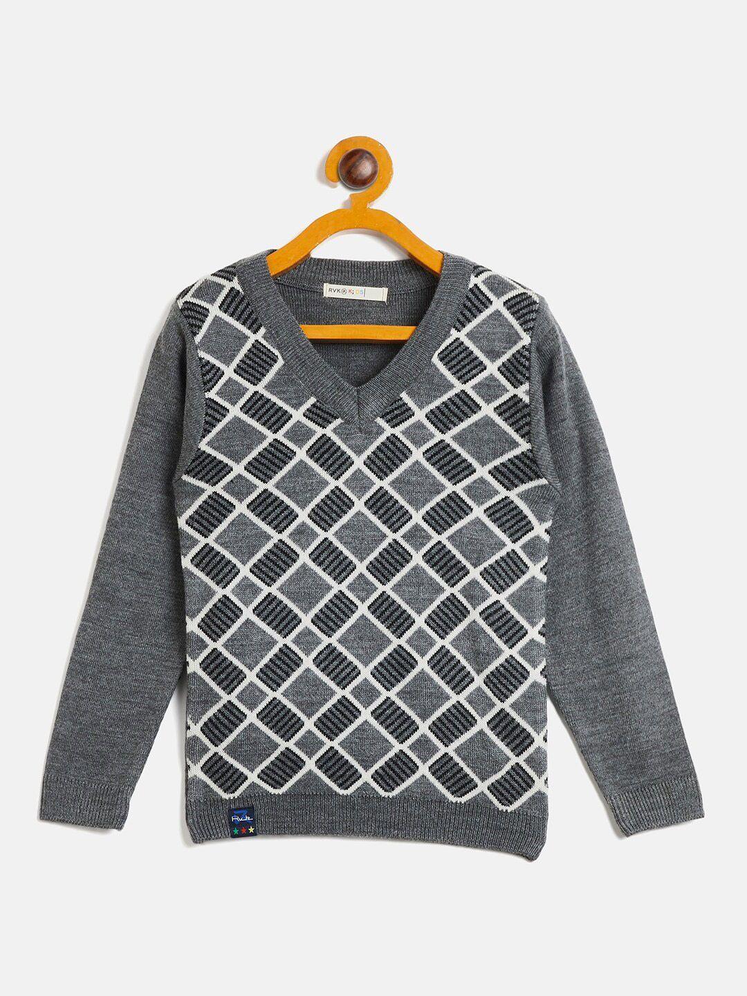 rvk boys geometric printed v-neck acrylic pullover sweater