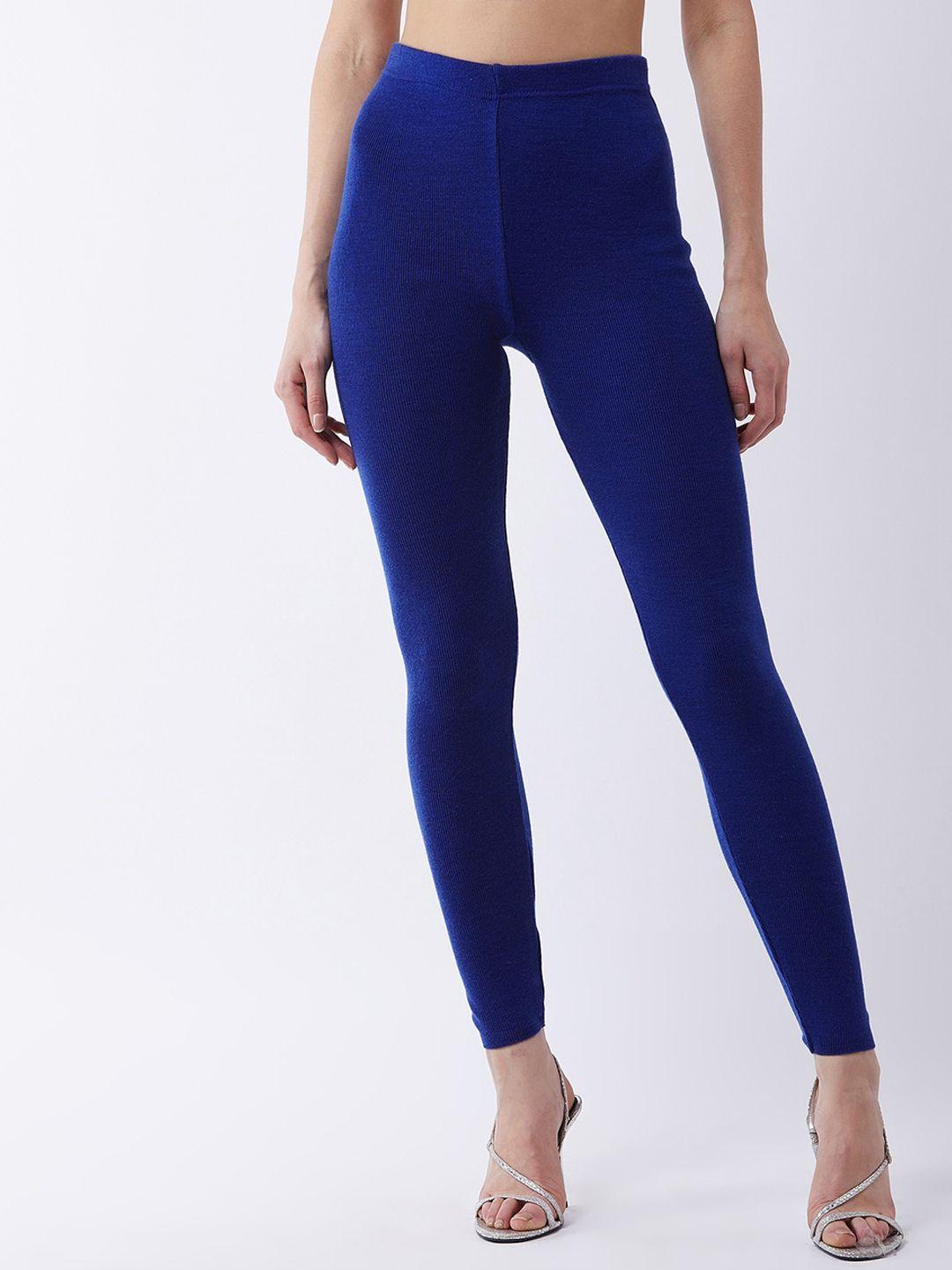 rvk women blue solid slim fit ankle-length leggings