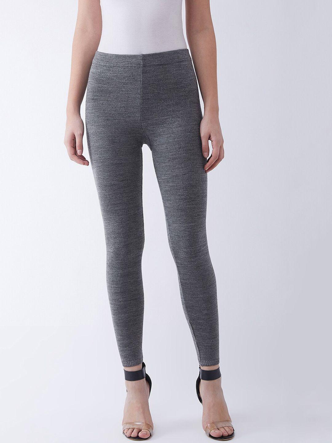 rvk women grey solid slim-fit woolen leggings