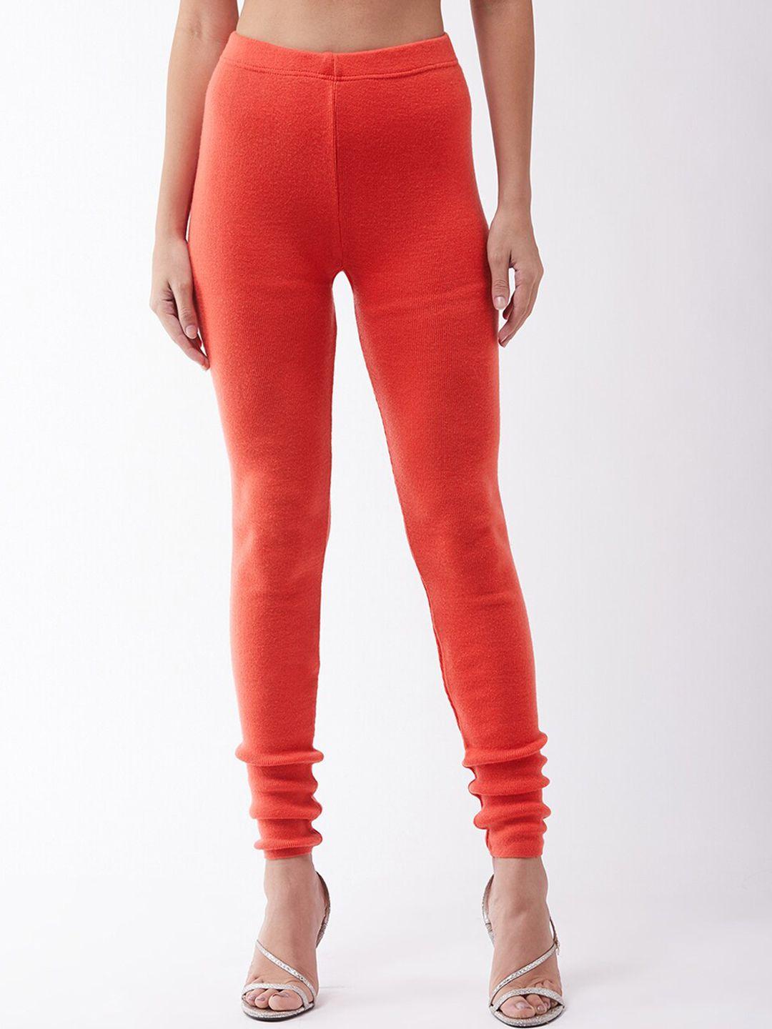 rvk women orange-colored solid slim-fit churidar-length leggings