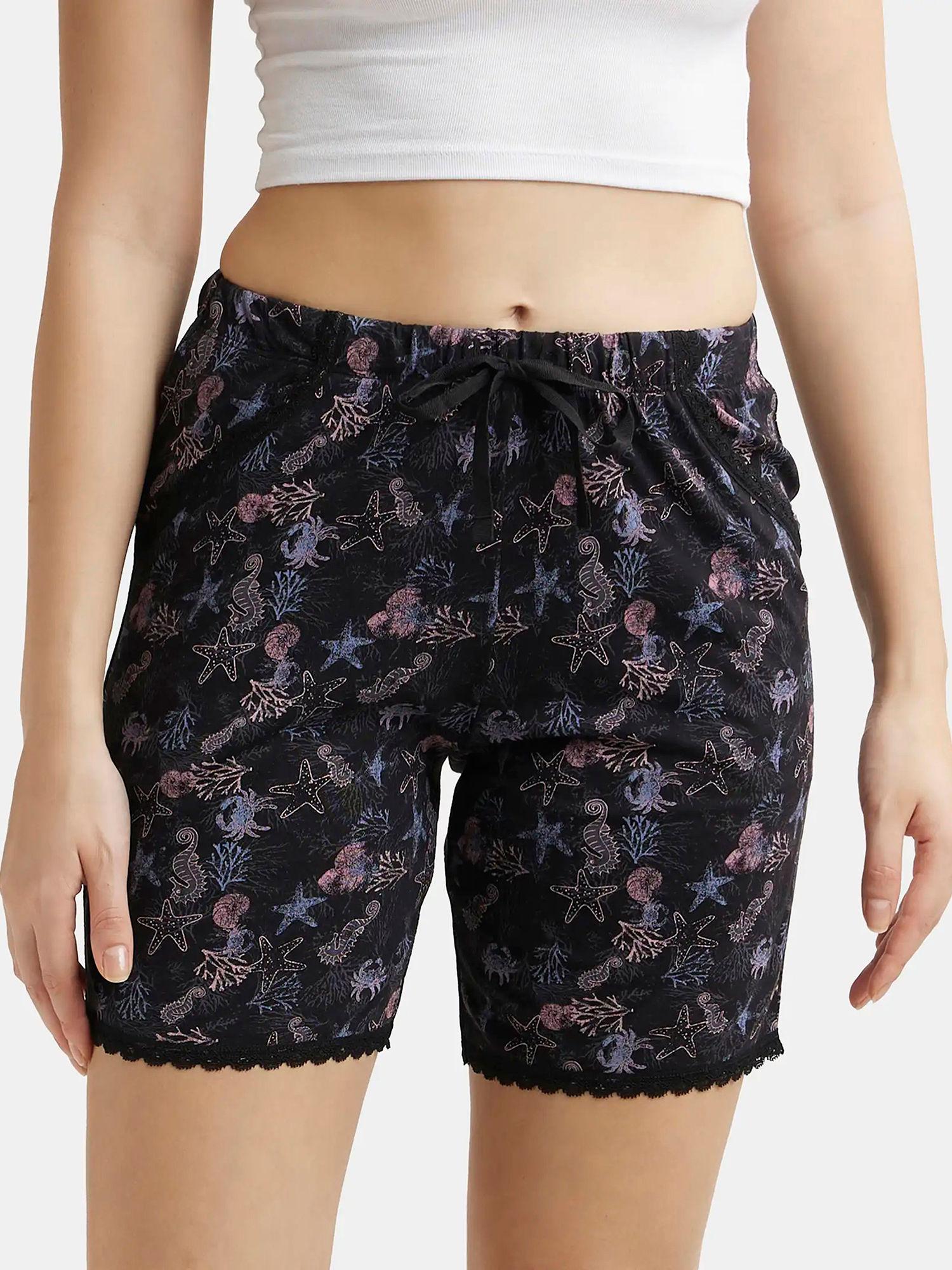 rx10 women's micro modal cotton printed sleep shorts with side pockets black