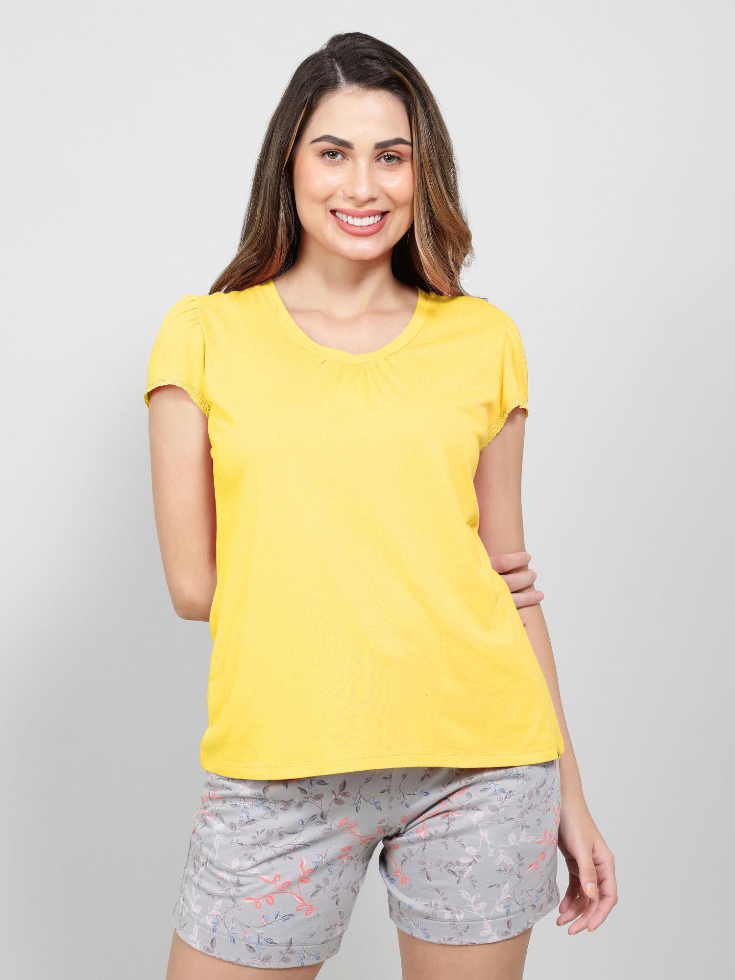 rx12 womens micro modal cotton relaxed fit solid round neck t-shirt - yolk yellow