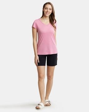 rx12 micro modal cotton relaxed fit solid v-neck half sleeve t-shirt with lace trim on sleeves