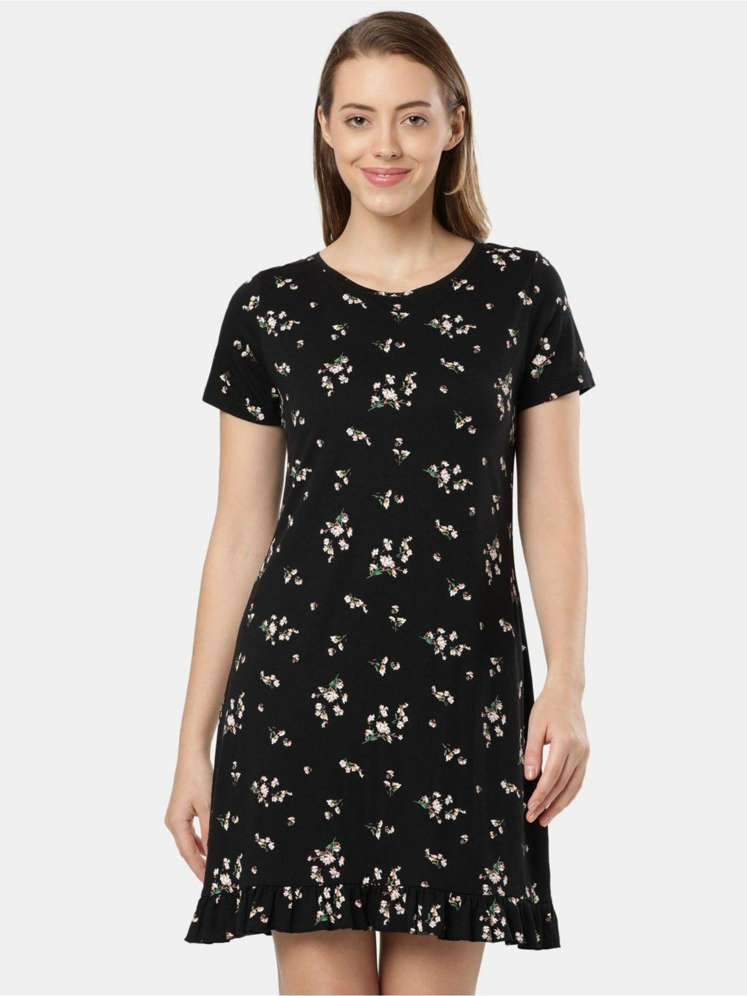 rx25 women's micro modal cotton printed sleep dress black