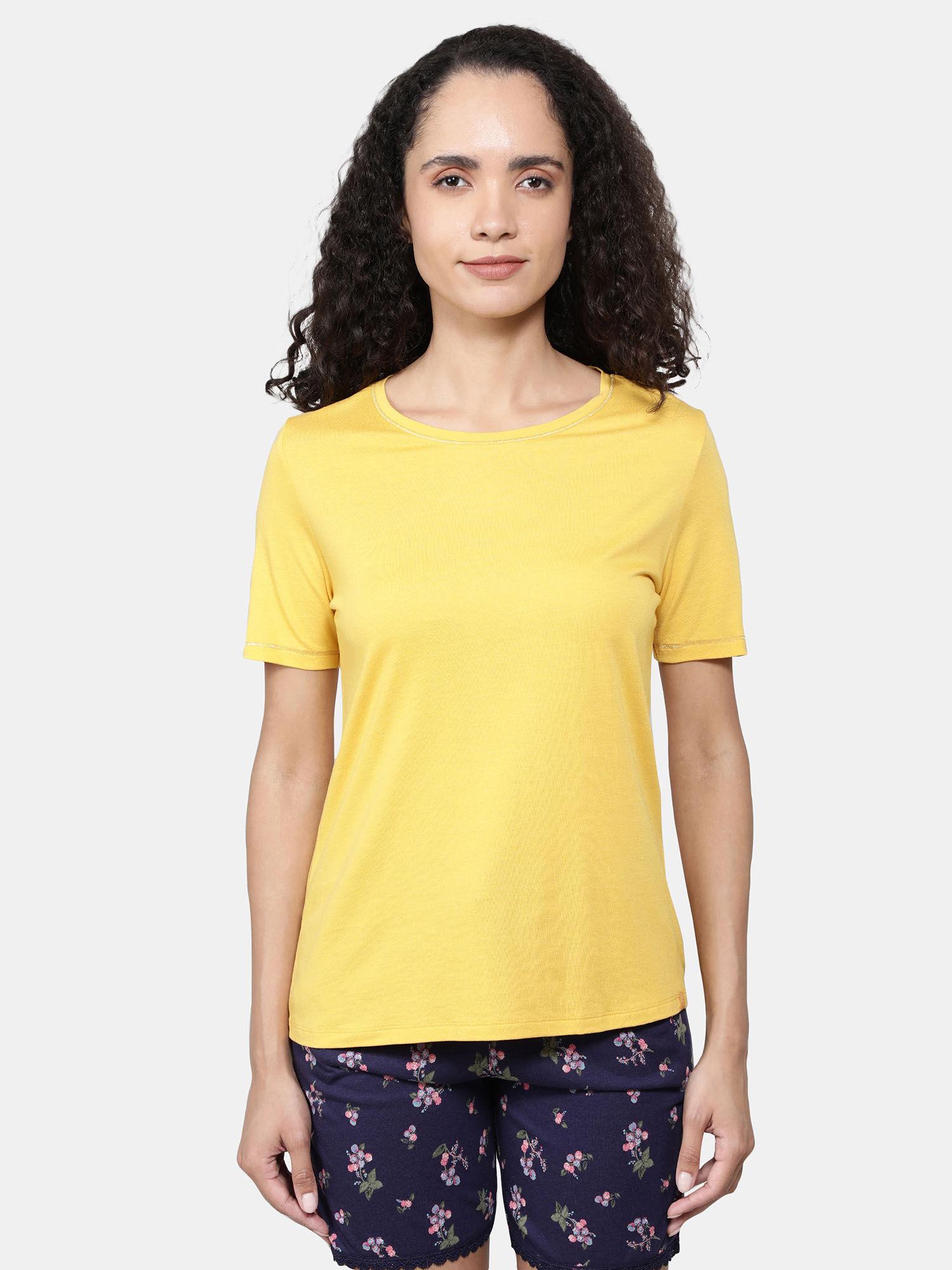 rx71 womens micro modal cotton relaxed fit round neck t-shirt- yolk yellow