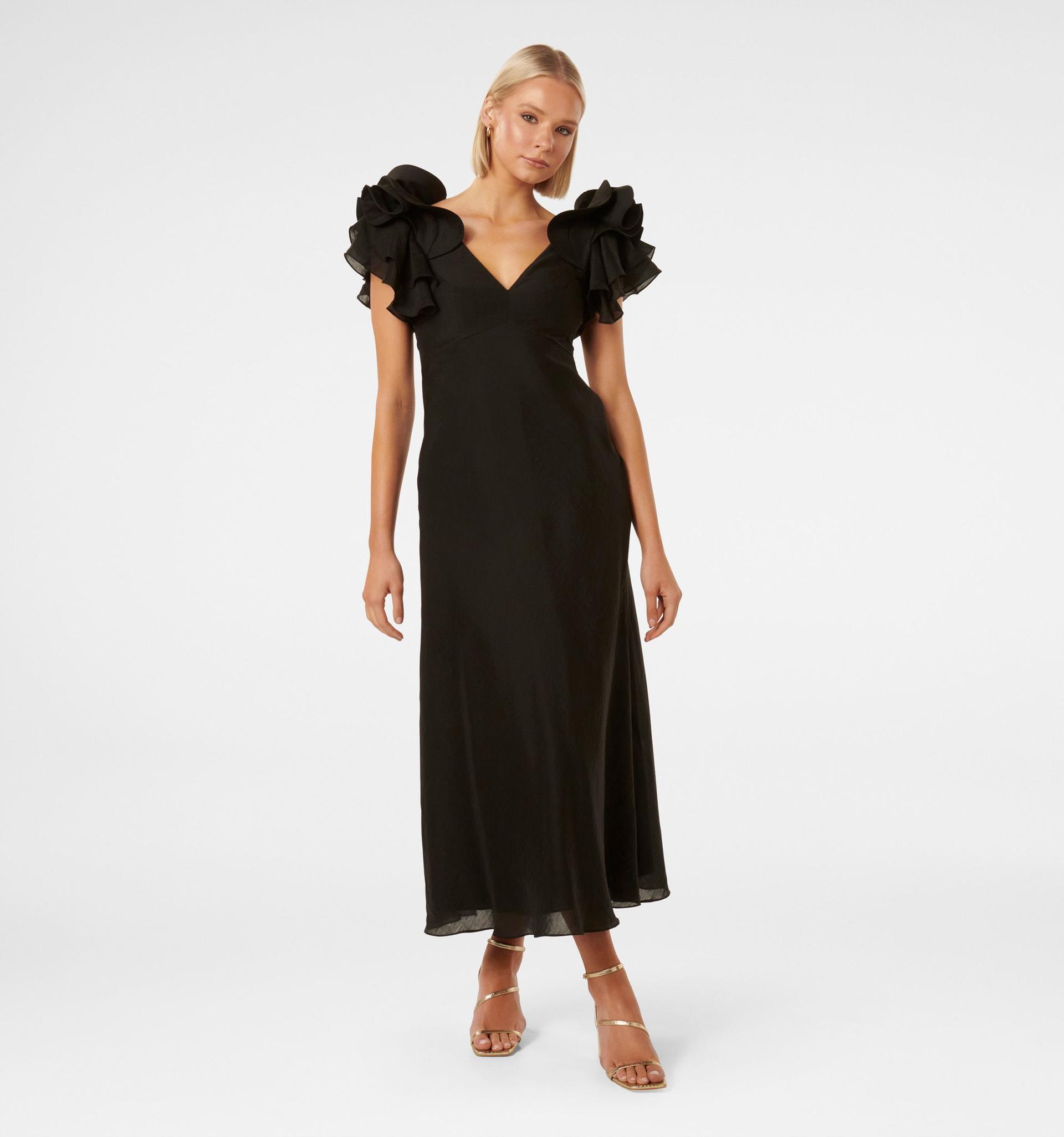 rylie ruffle shoulder midi dress