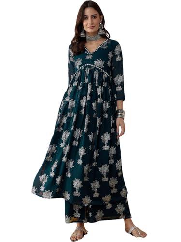 rytras women's printed alia cut kurta and palazzos set (green,m)