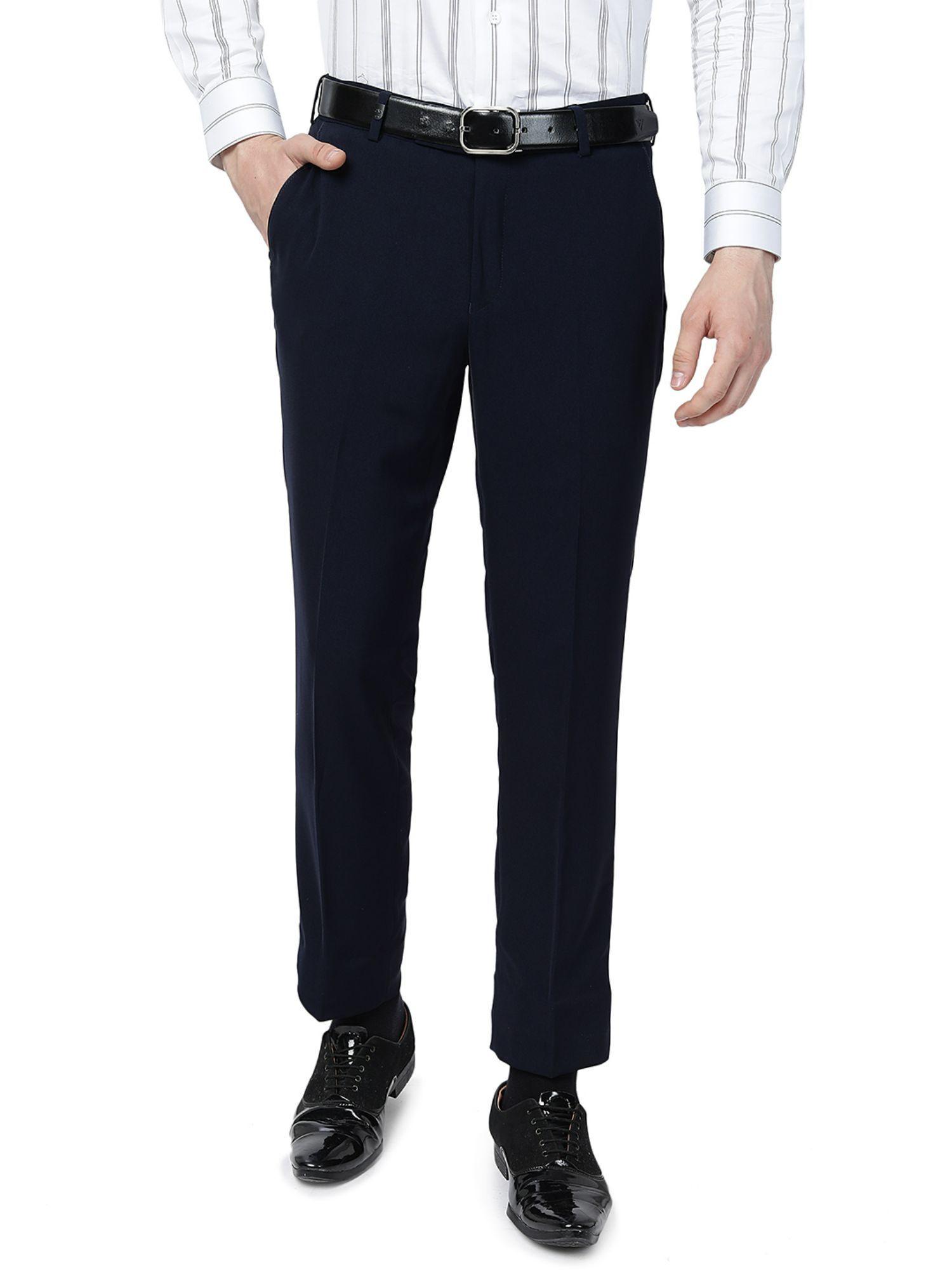 s men's navy blue terry rayon slim fit solid formal trouser