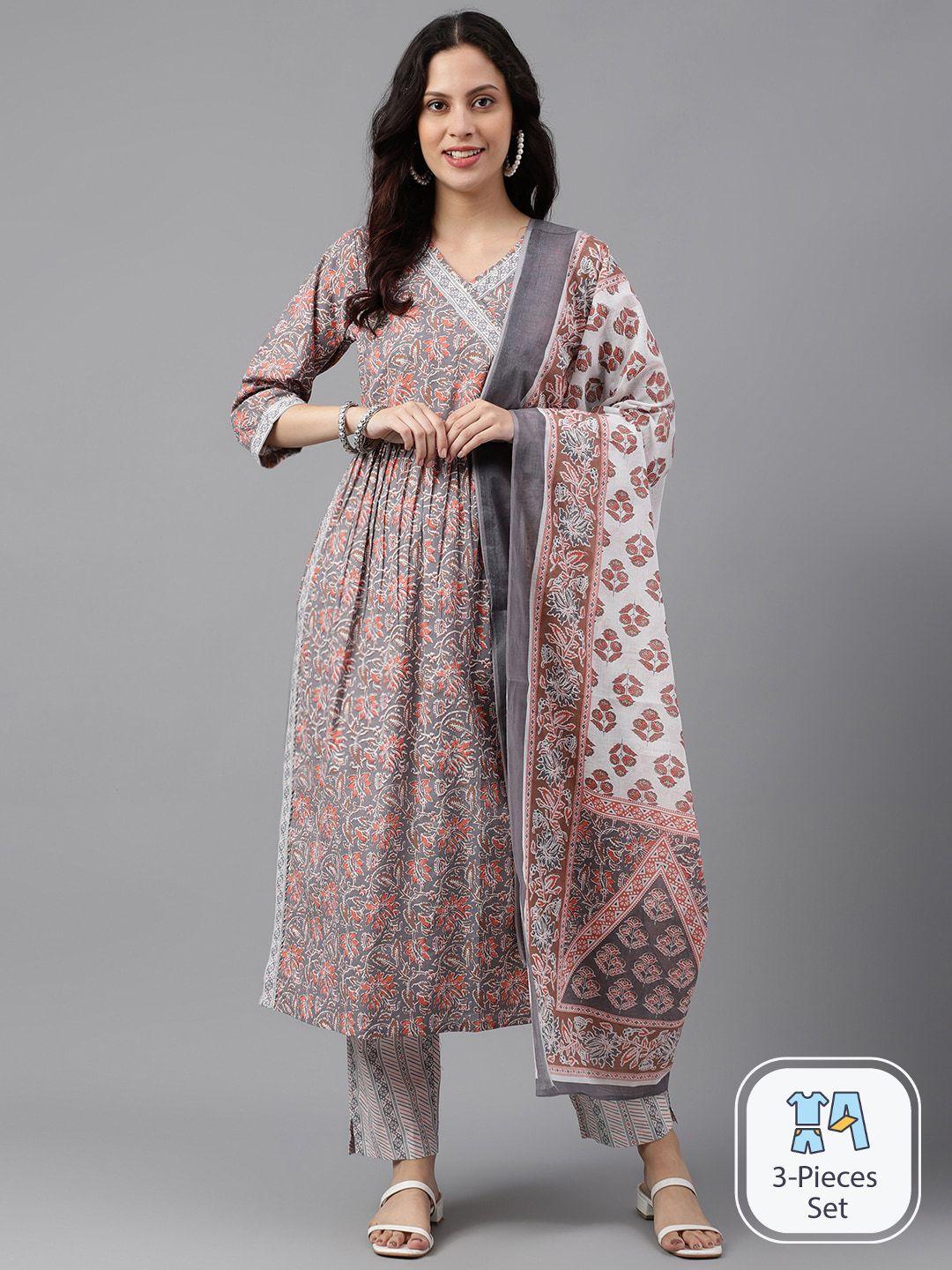 saabhi floral printed angrakha v-neck pure cotton kurta & trousers with dupatta