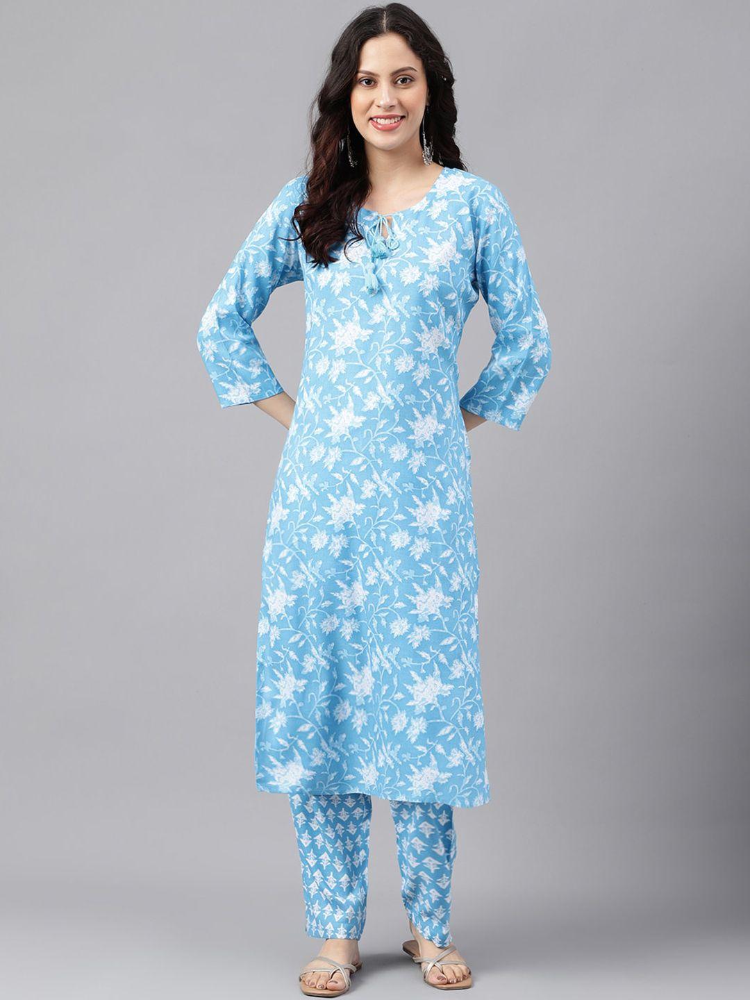 saabhi women blue floral printed regular kurta with trousers
