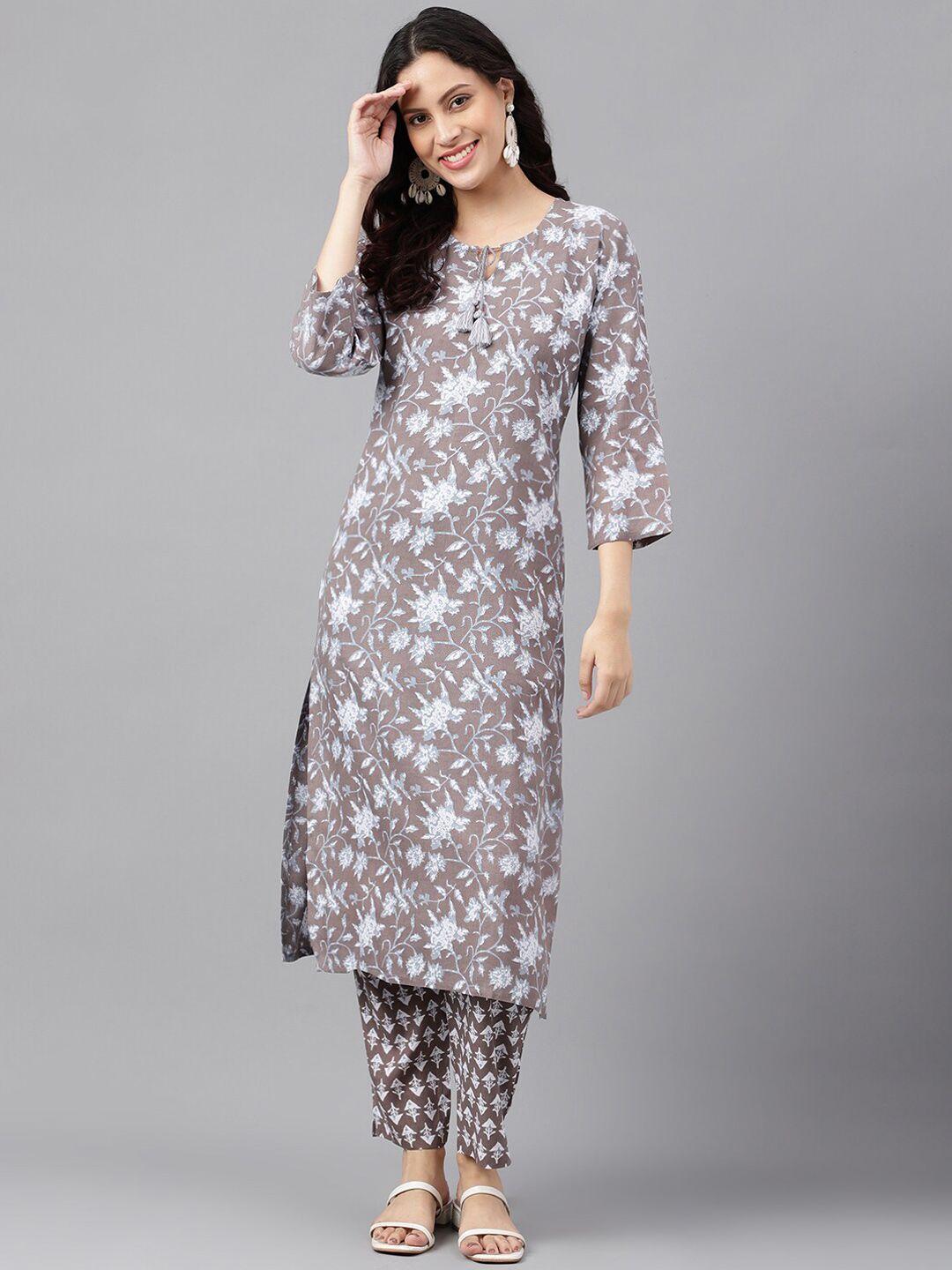 saabhi women grey floral printed regular kurta with trousers