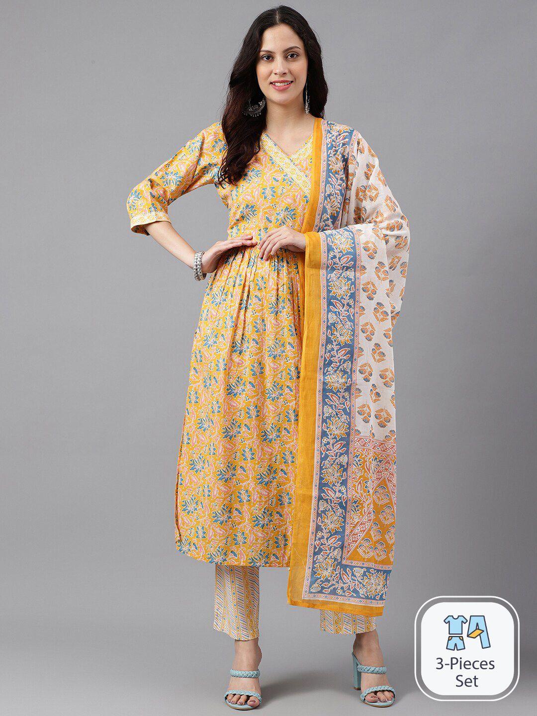 saabhi yellow floral printed empire pure cotton kurta with trousers & with dupatta