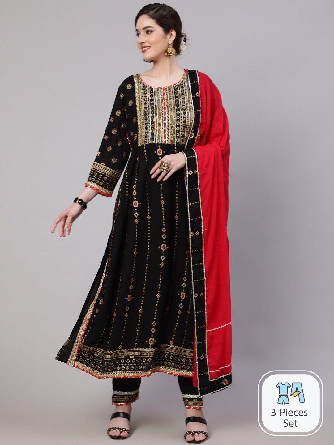 saabhi ethnic motifs printed gotta patti straight kurta with trousers & dupatta