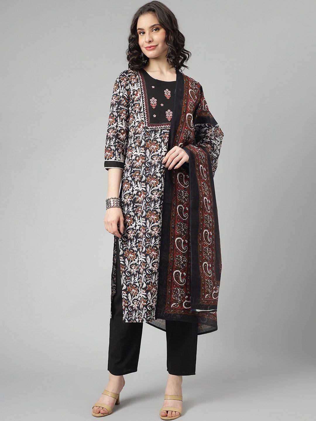 saabhi ethnic motifs printed thread work pure cotton kurta with trousers & dupatta