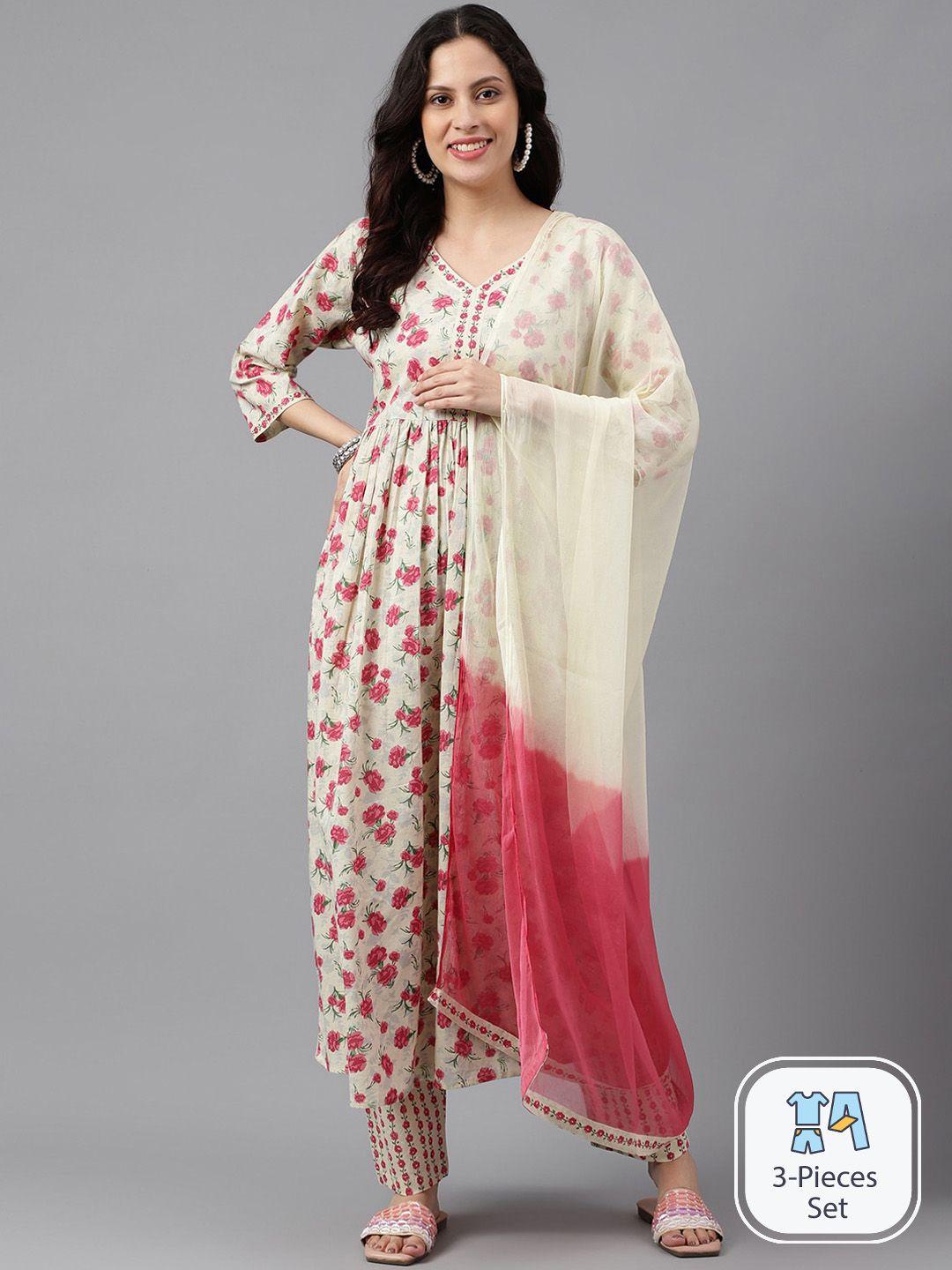 saabhi floral printed empire pure cotton kurta with trousers & dupatta