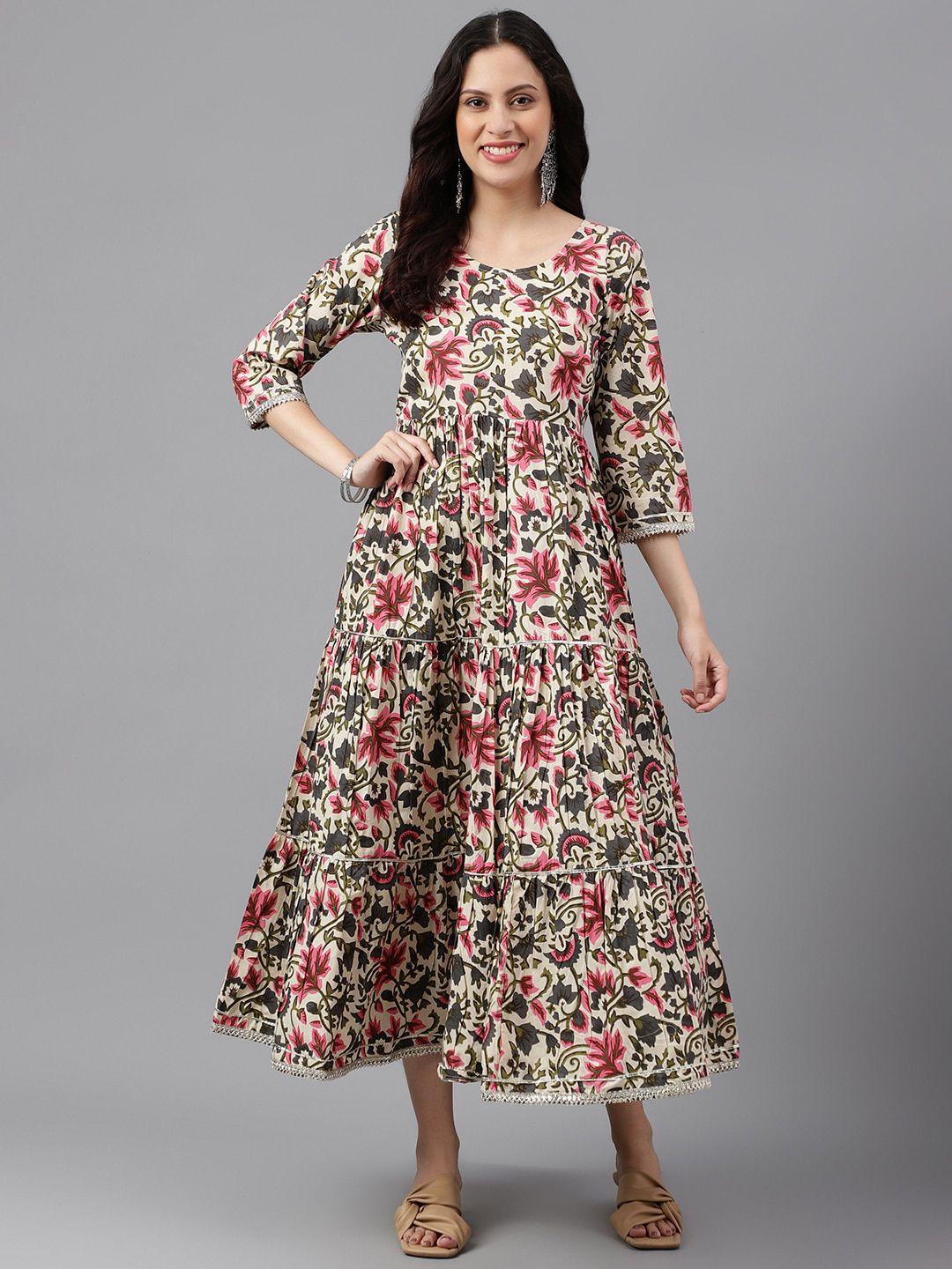 saabhi floral printed gathered detail a-line ethnic dresses
