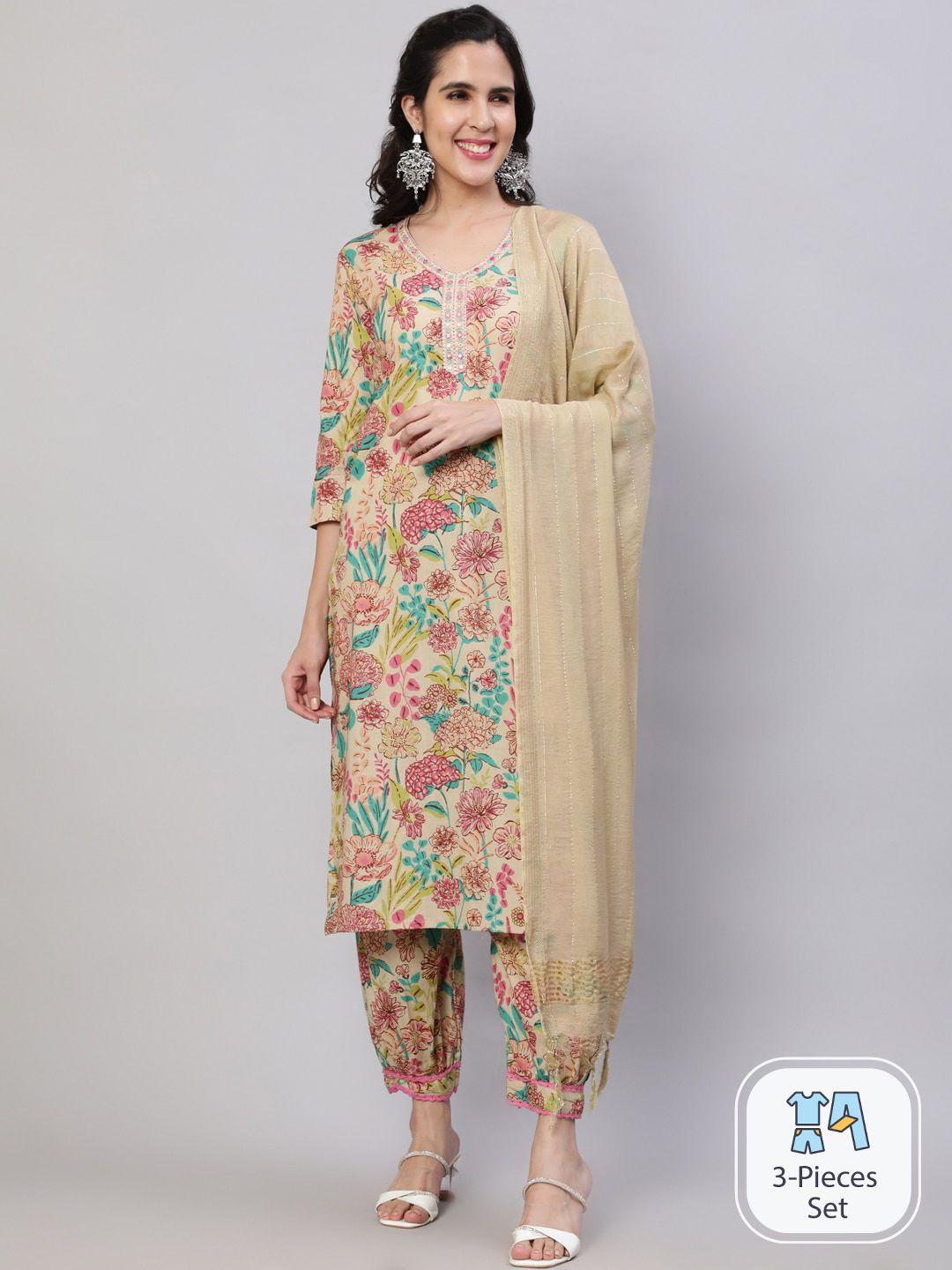 saabhi floral printed mirror work pure cotton kurta with palazzos & dupatta