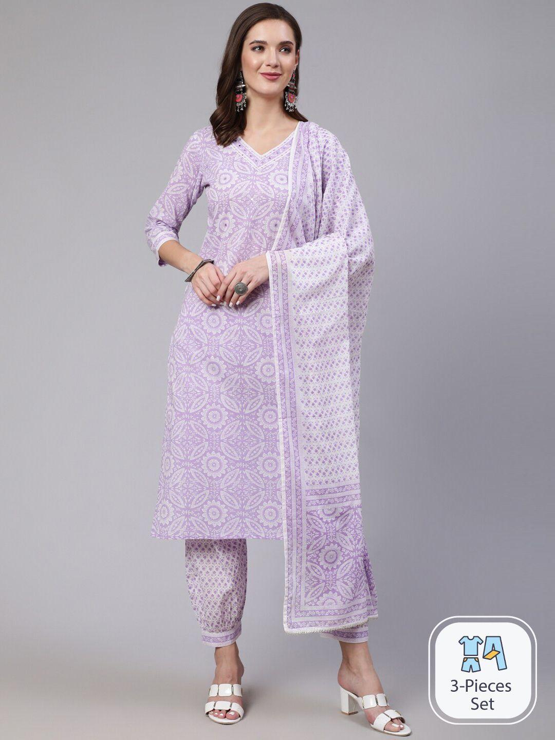 saabhi floral printed regular sequinned pure cotton kurta with salwar & dupatta