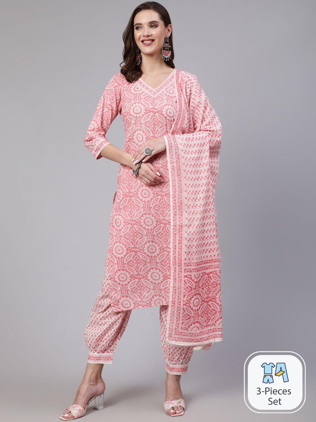 saabhi floral printed regular sequinned pure cotton kurta with trousers & dupatta