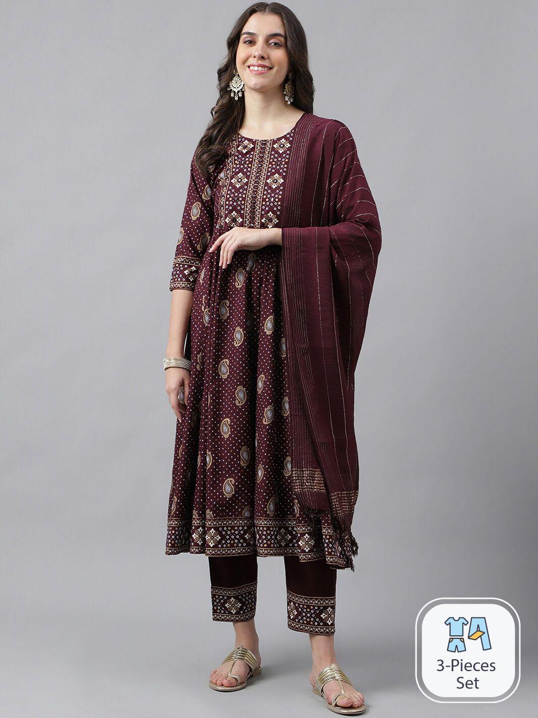 saabhi paisley printed mirror work anarkali kurta with trousers &  dupatta