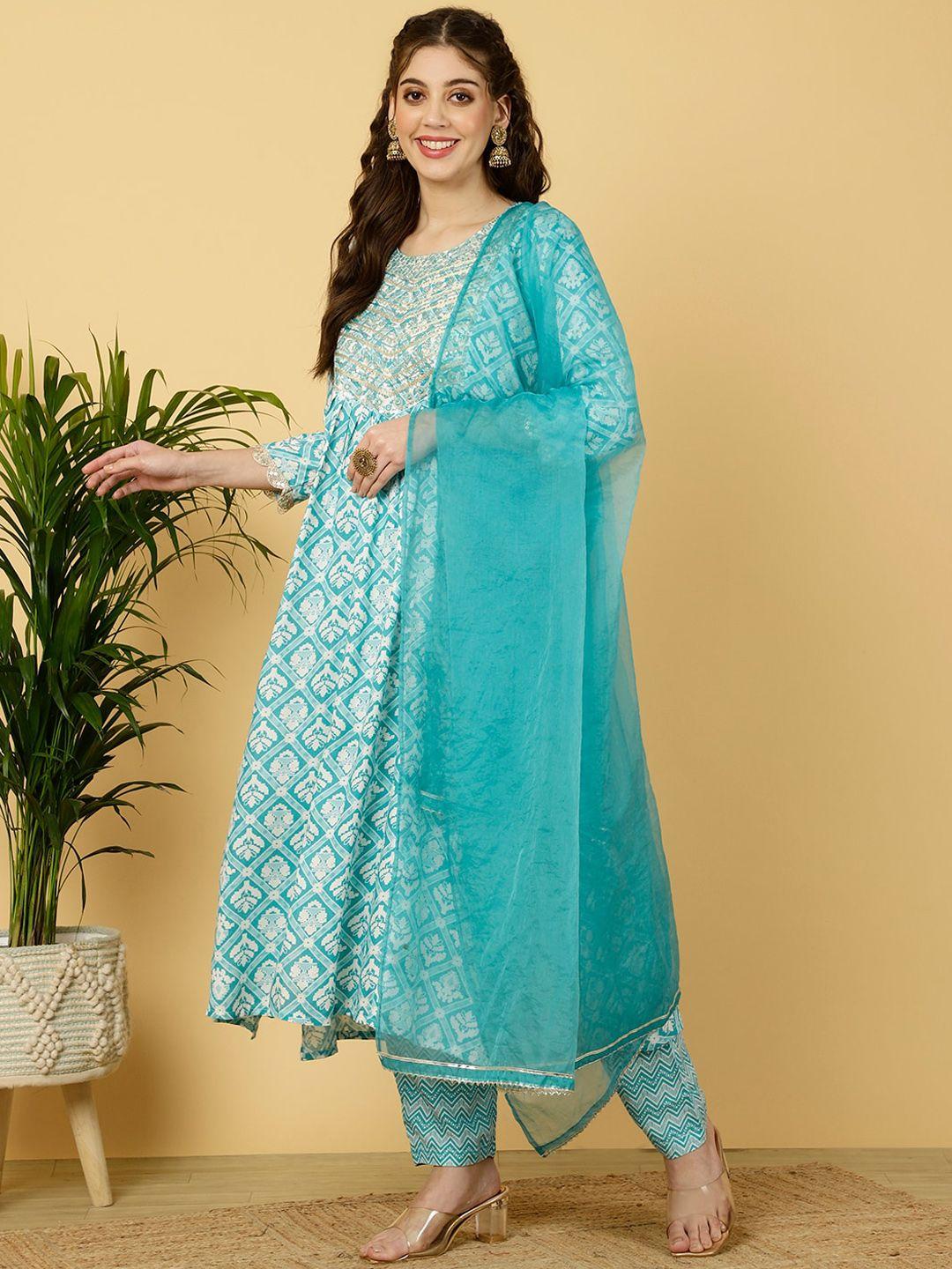saabhi women floral embroidered empire thread work kurta with trousers & with dupatta