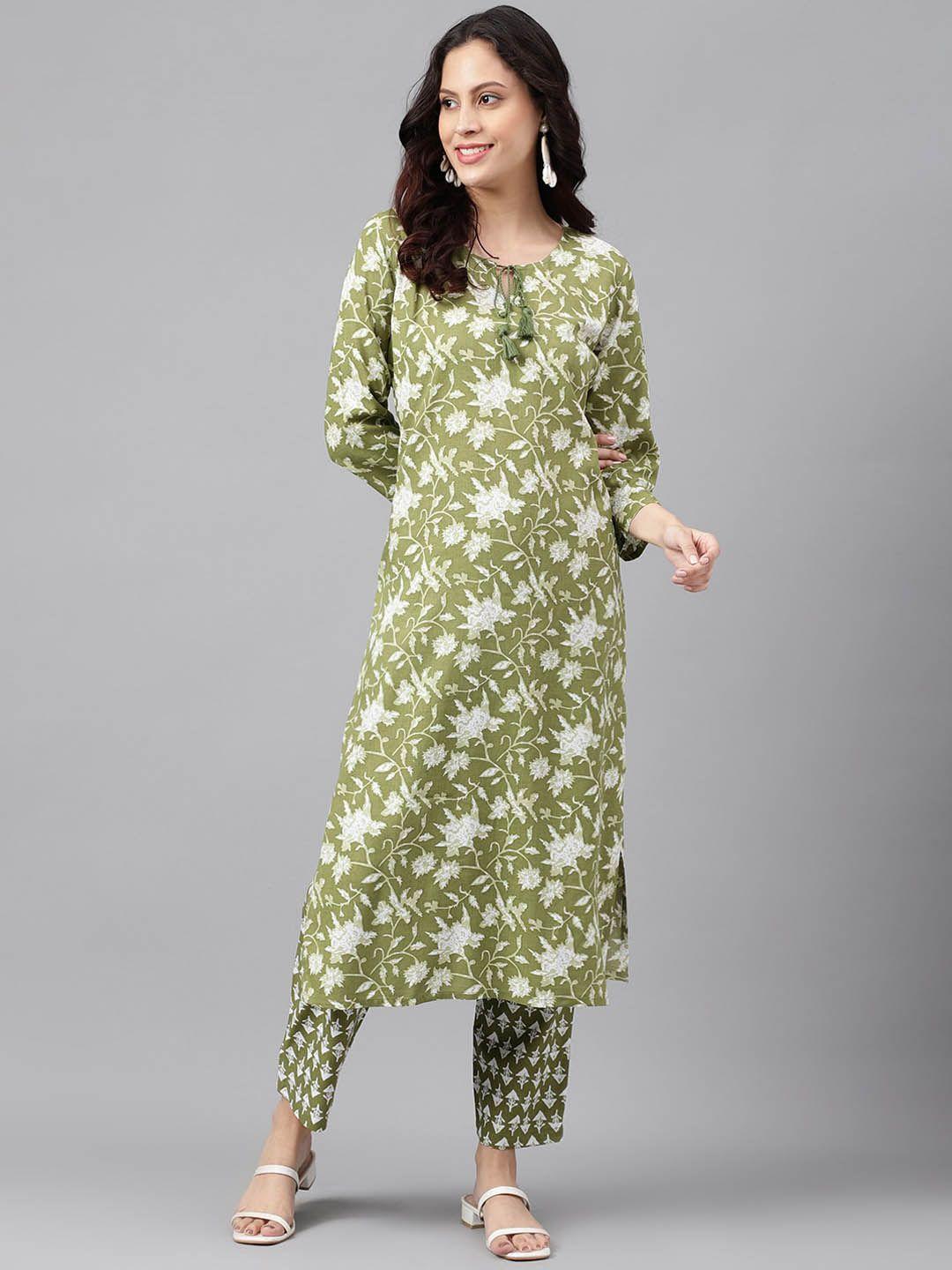 saabhi women green floral printed regular kurta with trousers