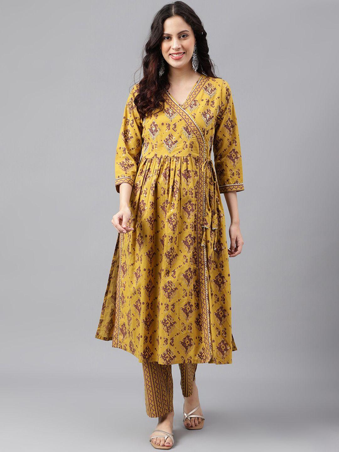 saabhi women mustard yellow floral embroidered regular gotta patti pure cotton kurta with palazzos