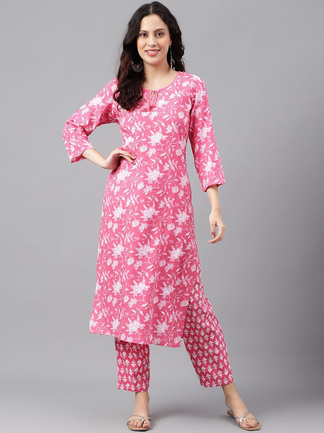 saabhi women pink floral printed regular kurta with trousers