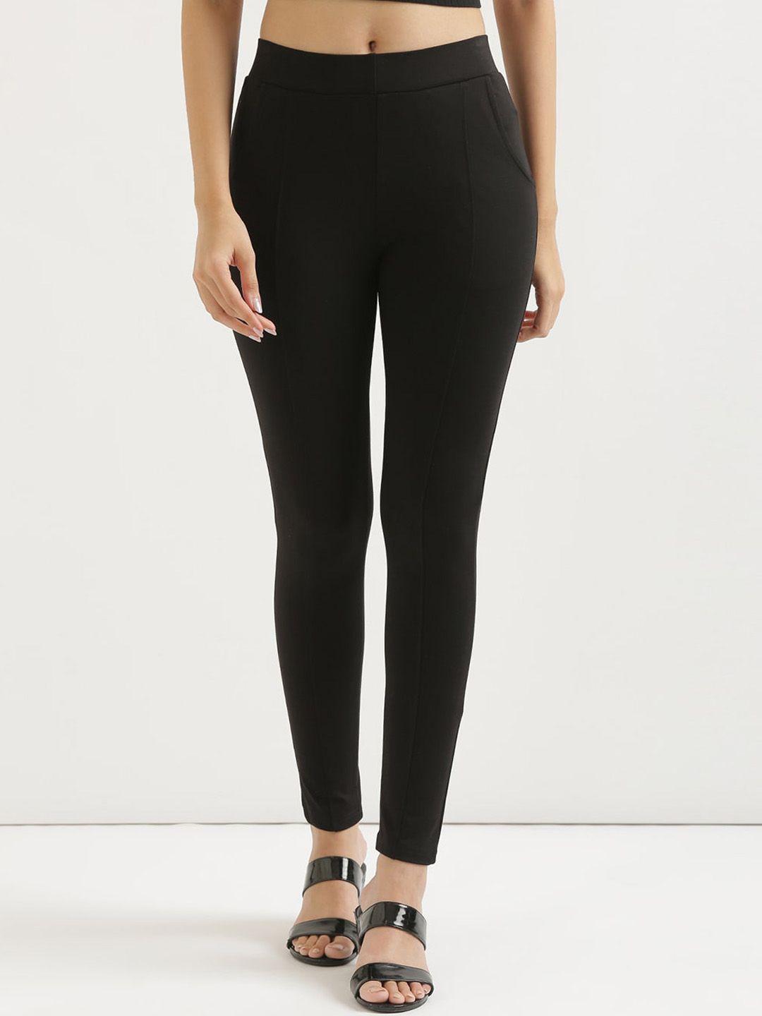 saadaa women black skinny fit high-rise trousers