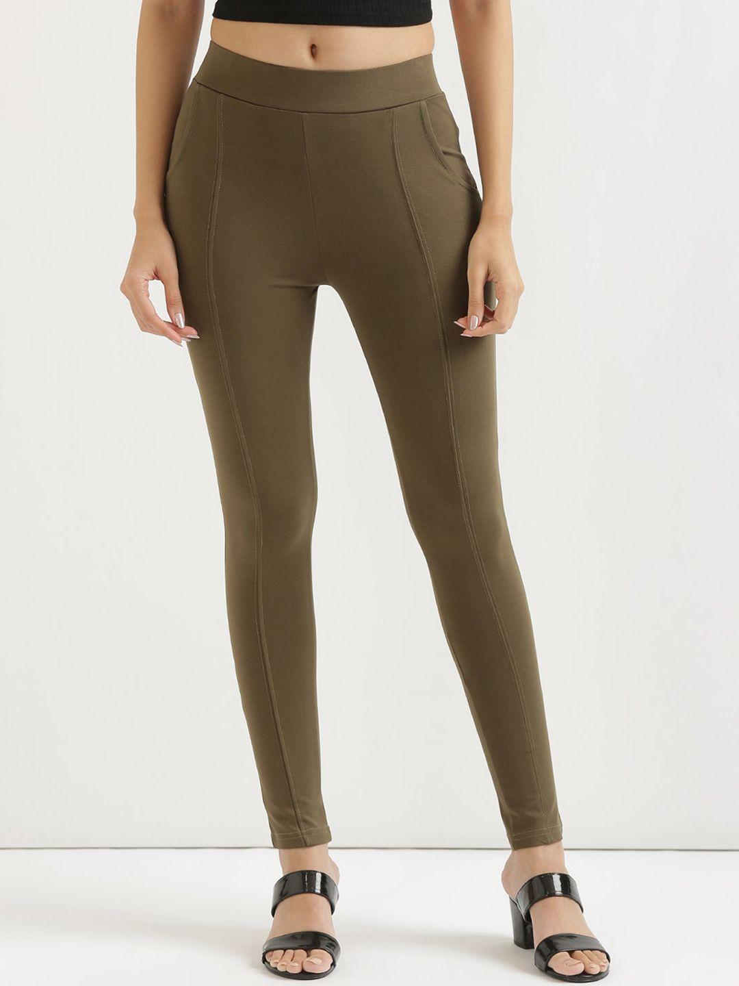 saadaa women olive green skinny fit high-rise trousers