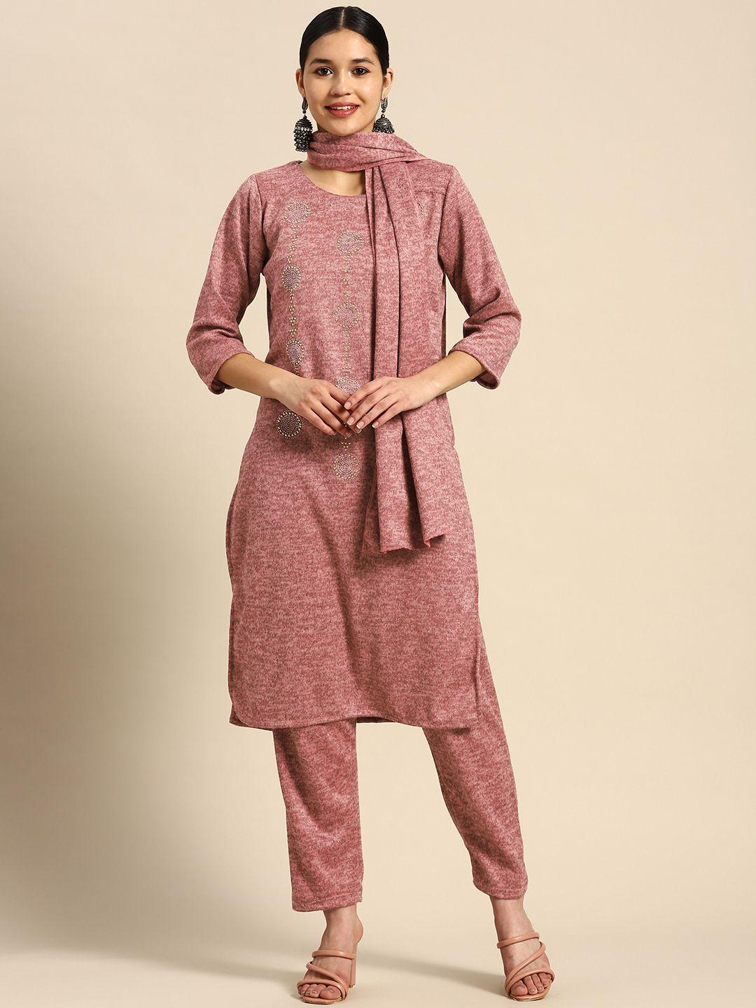 saadgi embroidered beads and stones pure wool kurta with trousers & shawl