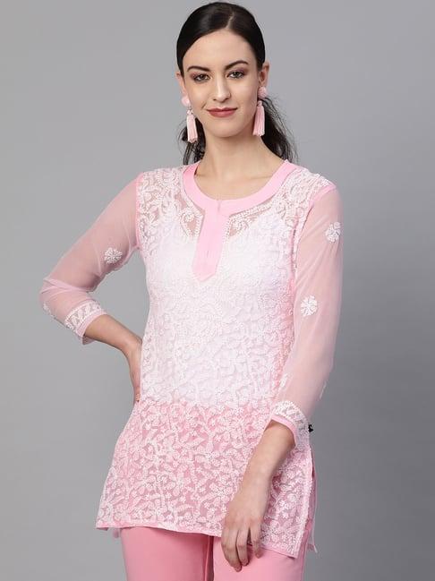 saadgi light pink chikankari embroidered straight kurti