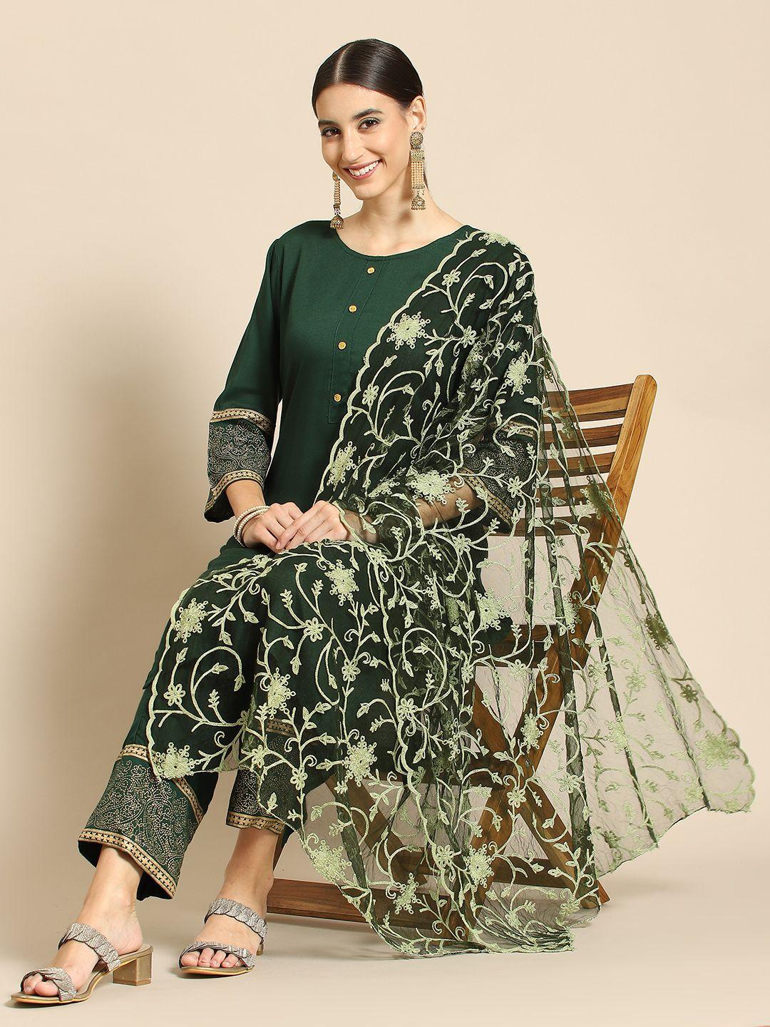 saadgi teal green ethnic motifs embroidered dupatta with chikankari