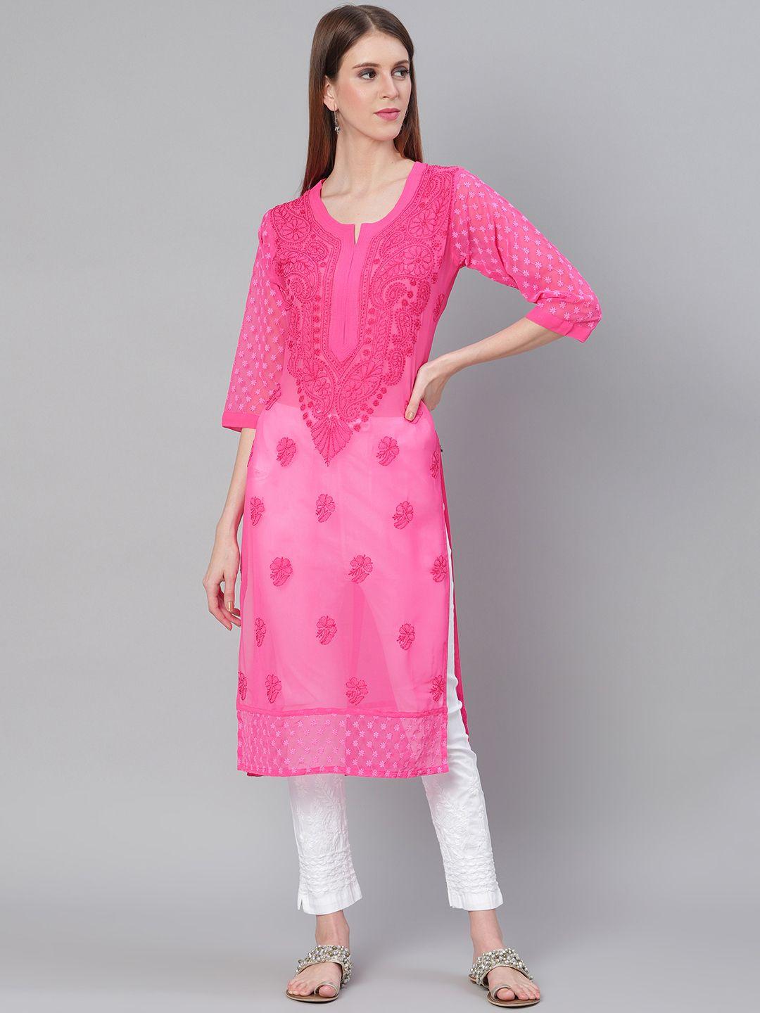 saadgi women pink & white chikankari embroidered handloom kurta with trousers