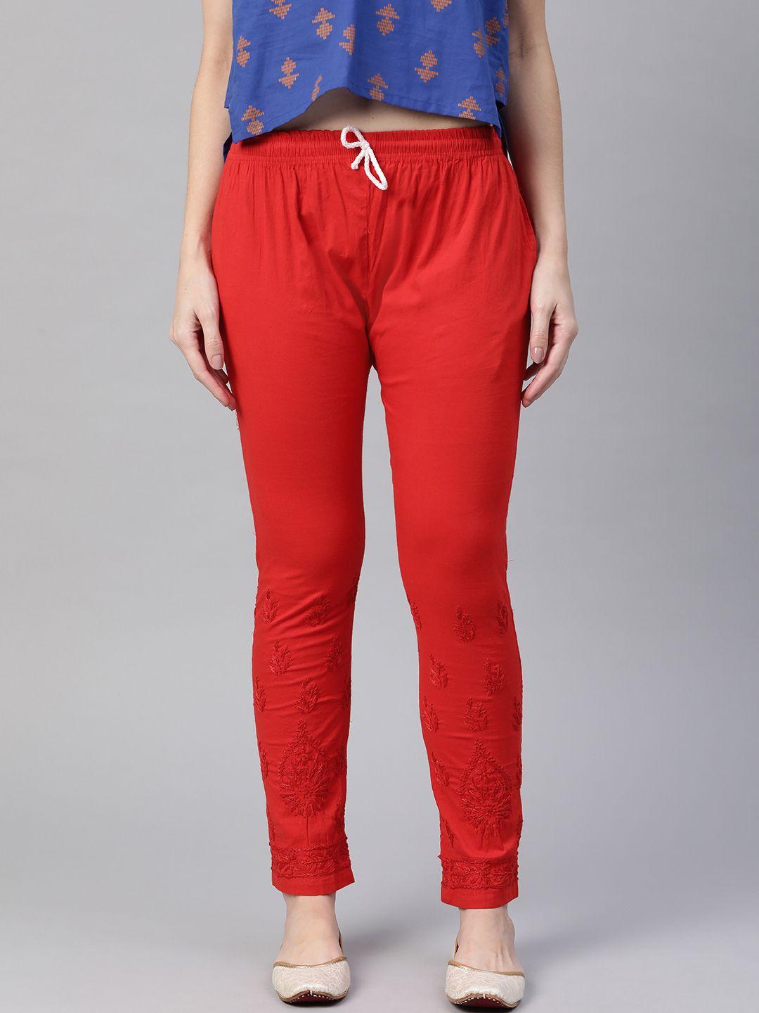 saadgi women red chikankari embroidered cotton handloom slim fit cigarette trousers